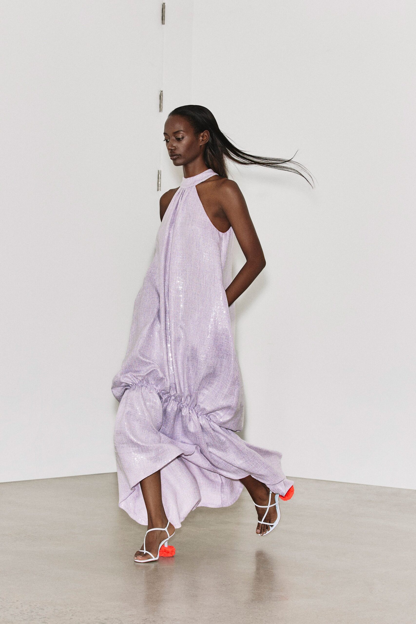purple silk sleeveless halter relaxed draped shiny gown