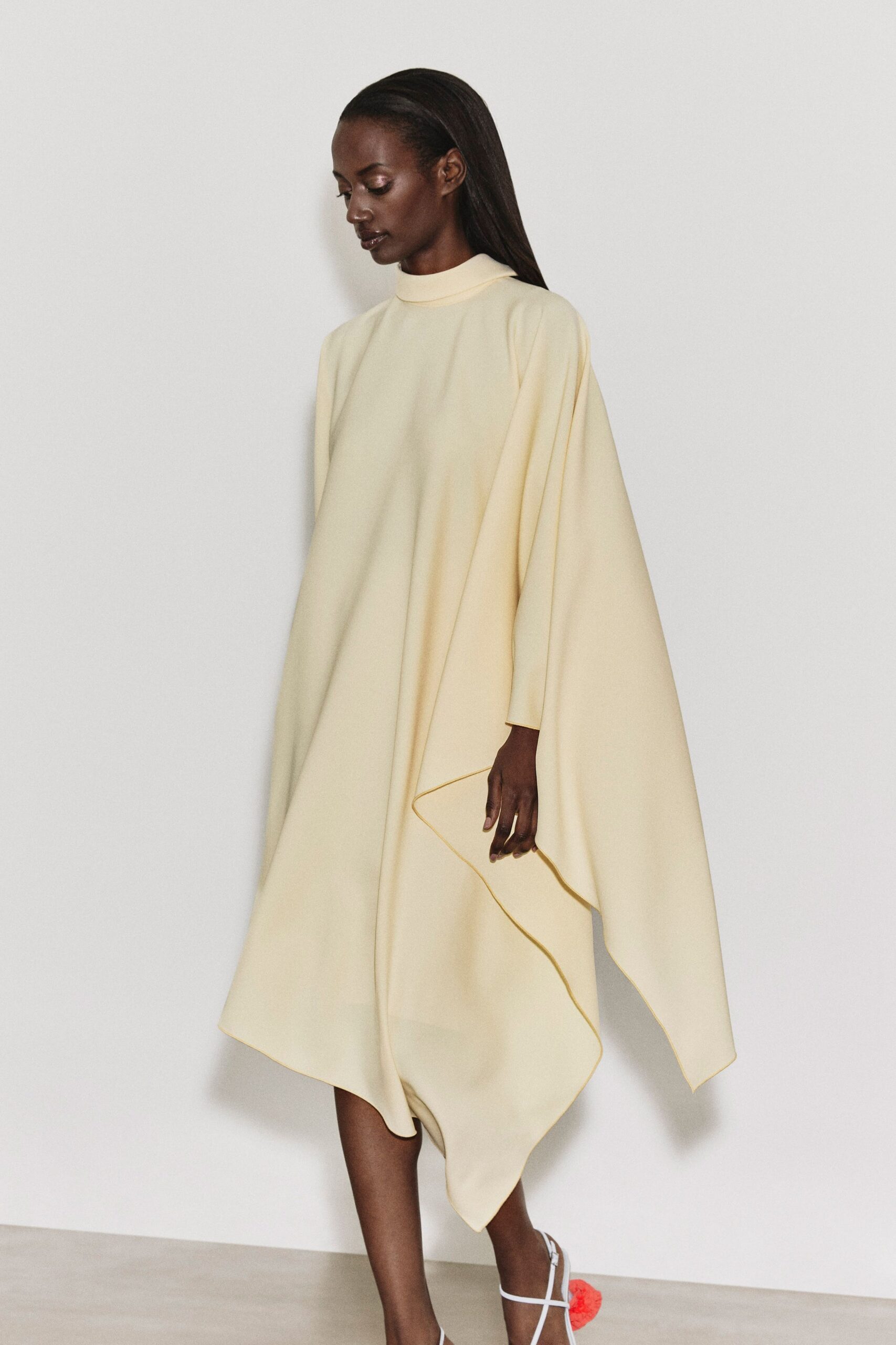 yellow cotton long-sleeve high-neck relaxed midi dress