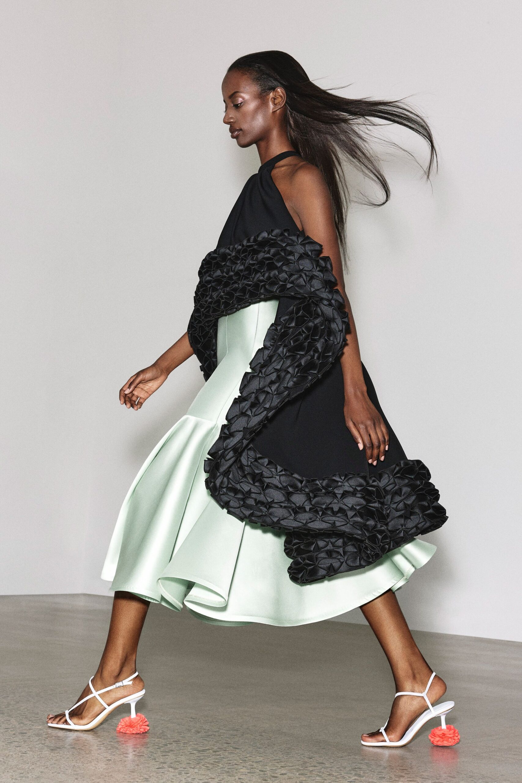black silk sleeveless high-neck fitted pleated layered dress
