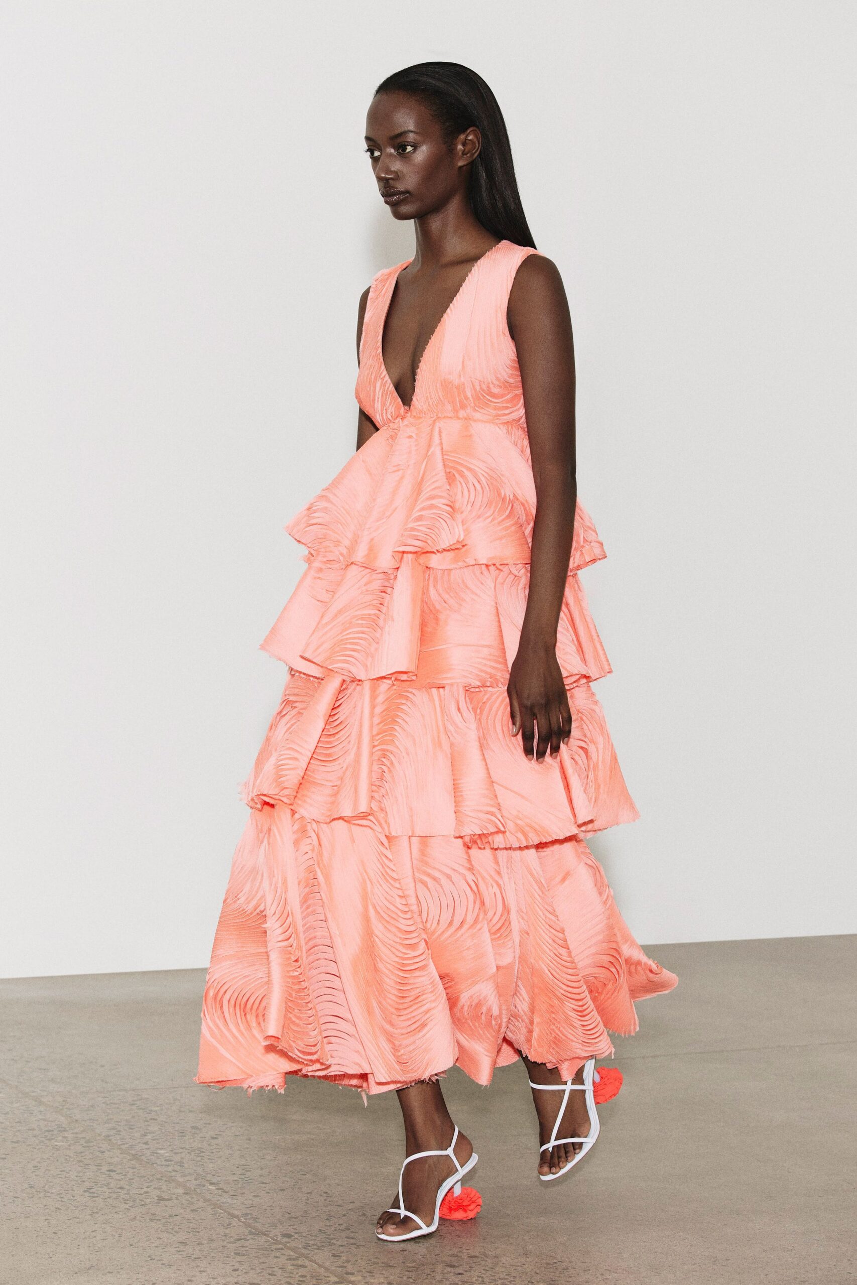 pink silk sleeveless v-neck fitted tiered ruffled gown