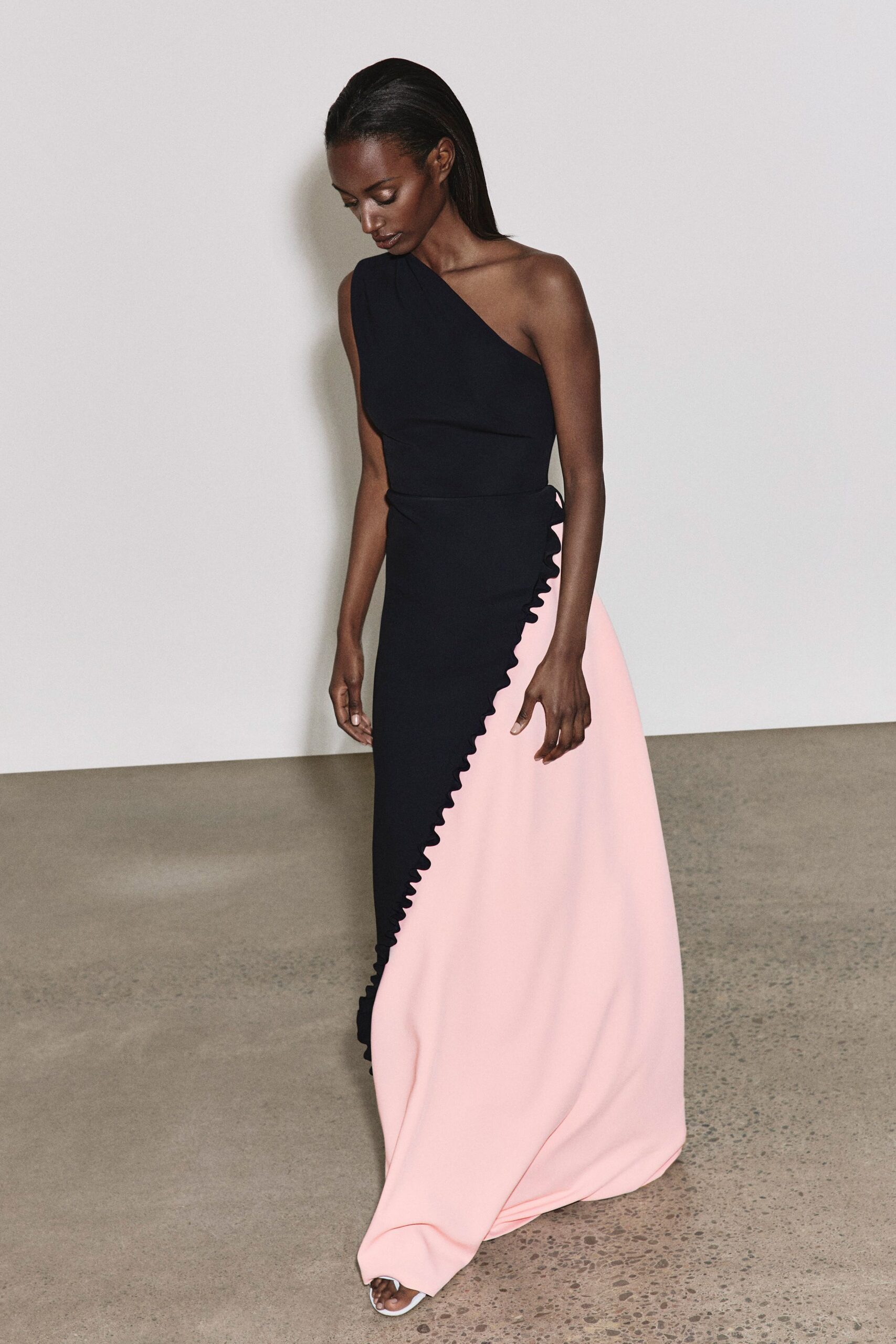 black and pink asymmetric gown