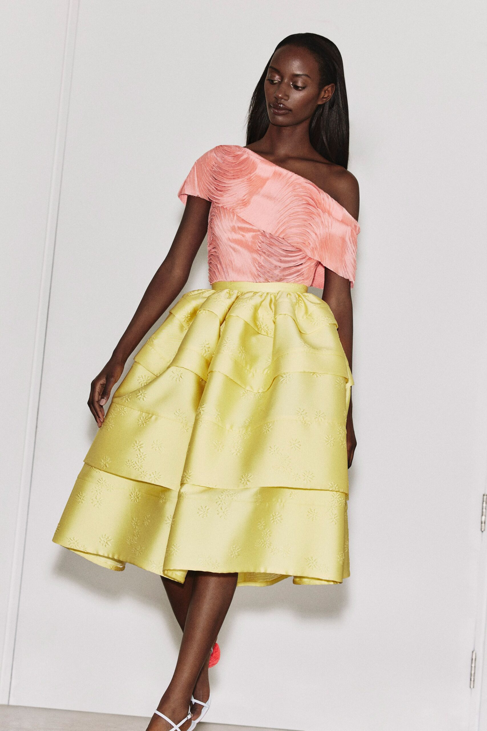 yellow cotton fitted tiered midi skirt