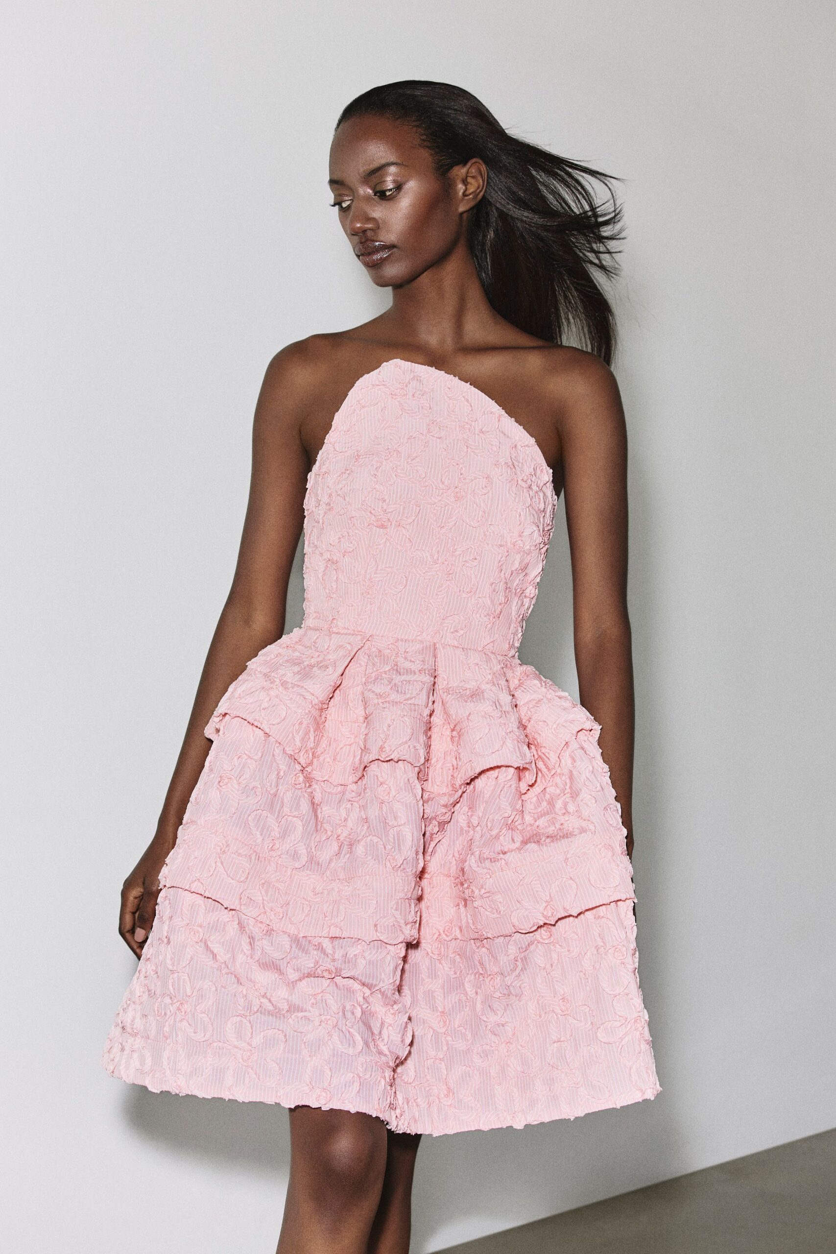 pink strapless tiered dress