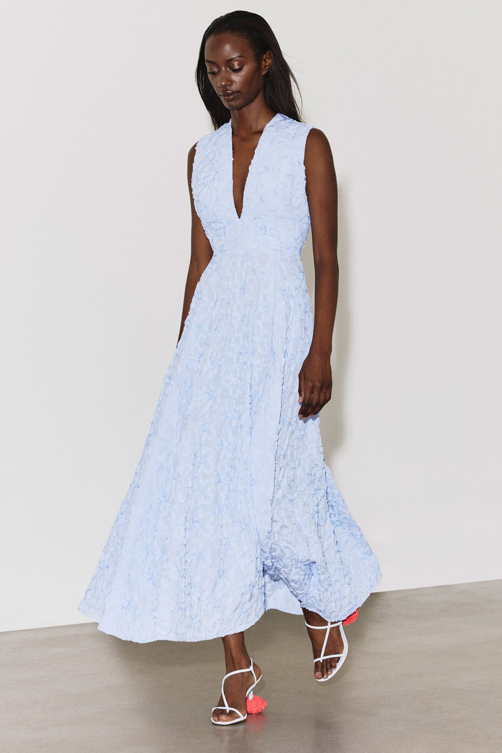 blue lace sleeveless v-neck fitted pleated midi dress