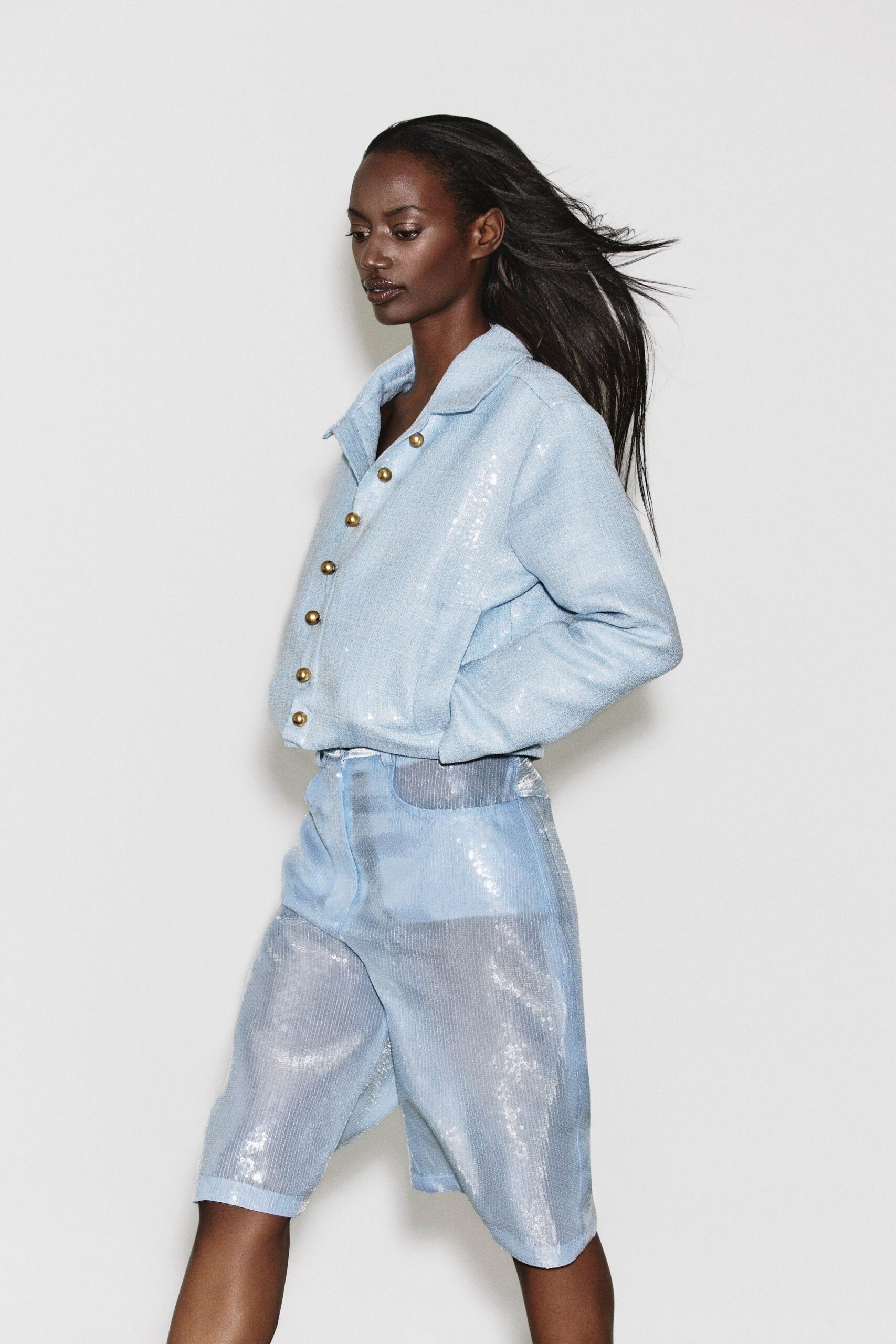 blue silk long-sleeve collared relaxed buttoned shiny jacket