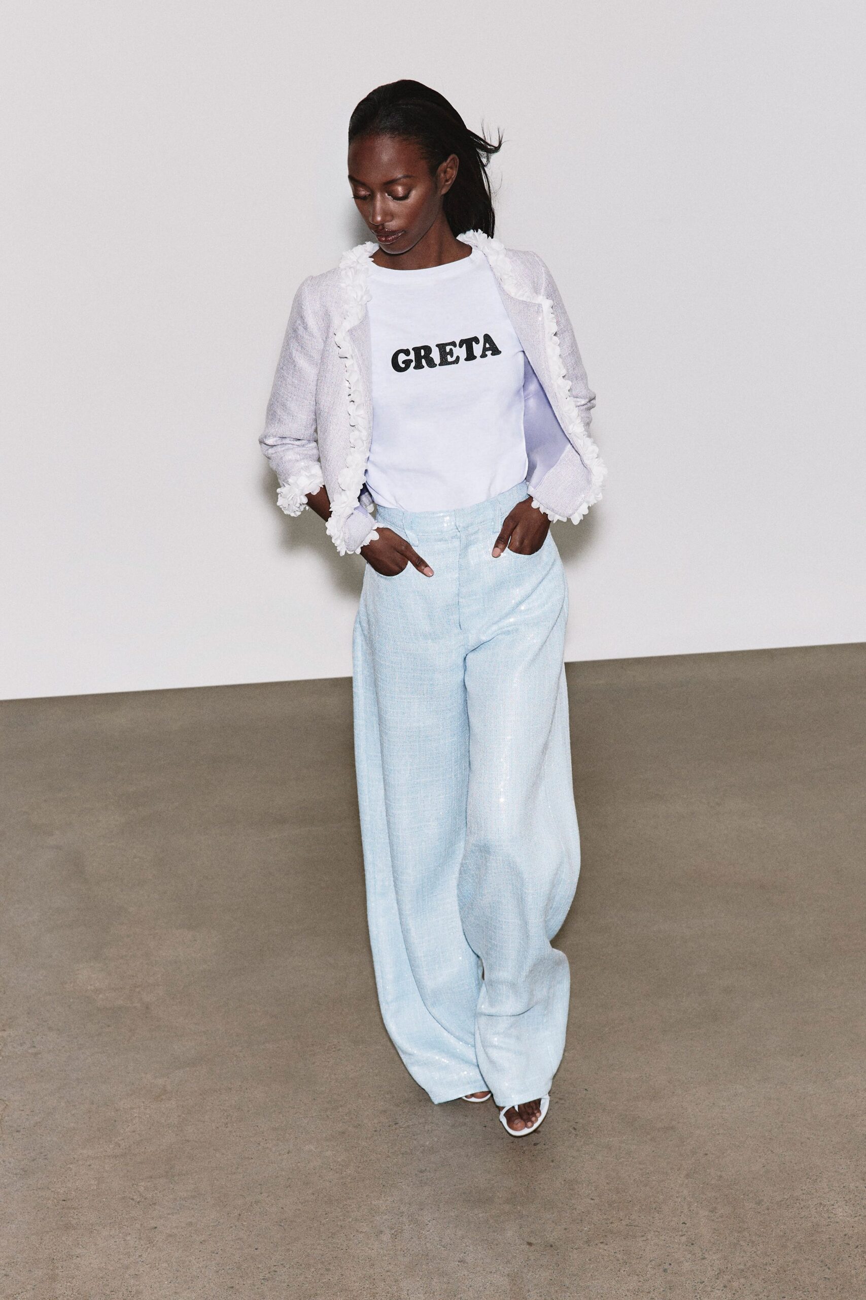 white cotton long-sleeve collared relaxed ruffled jacket