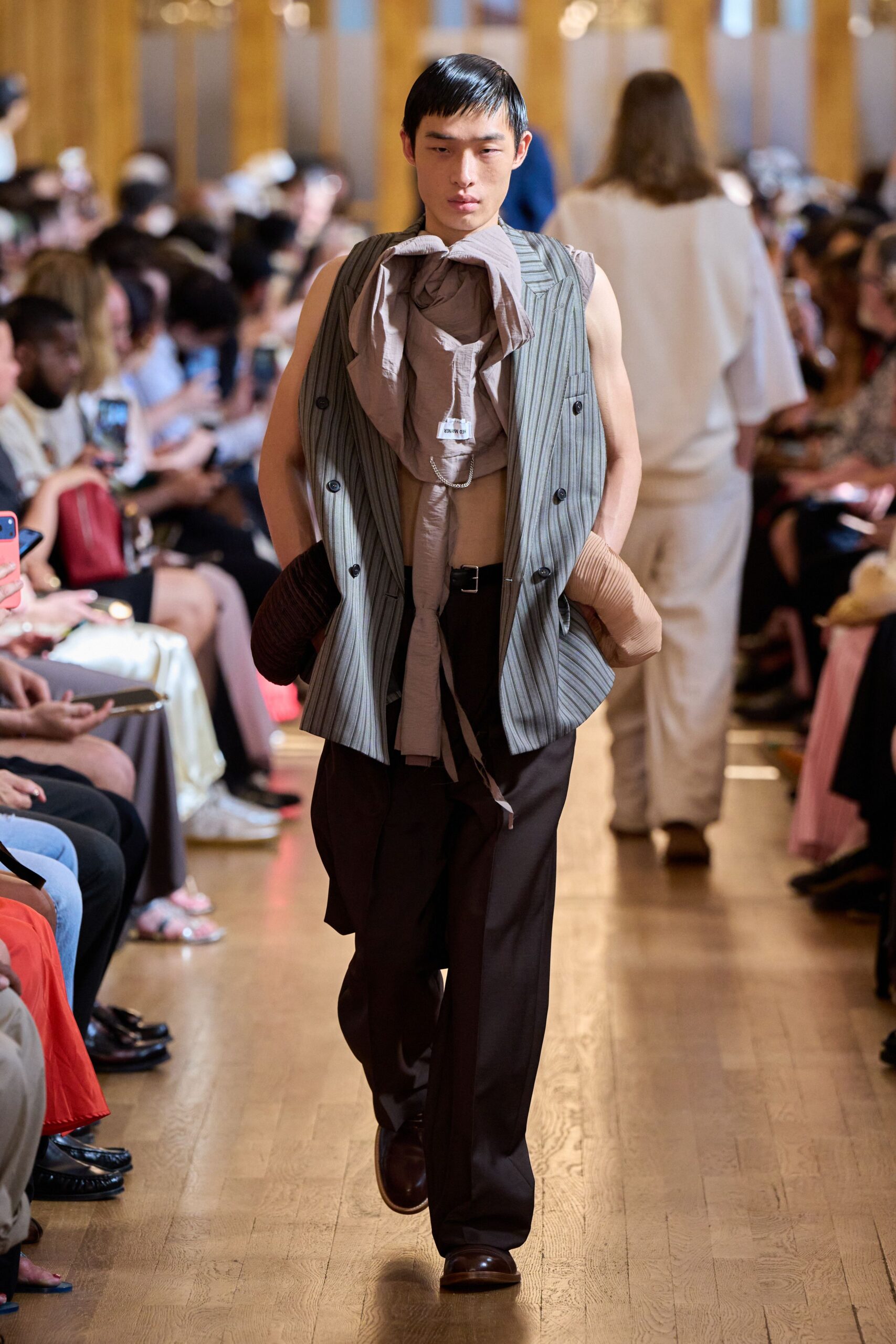 brown striped vest with beige shirt