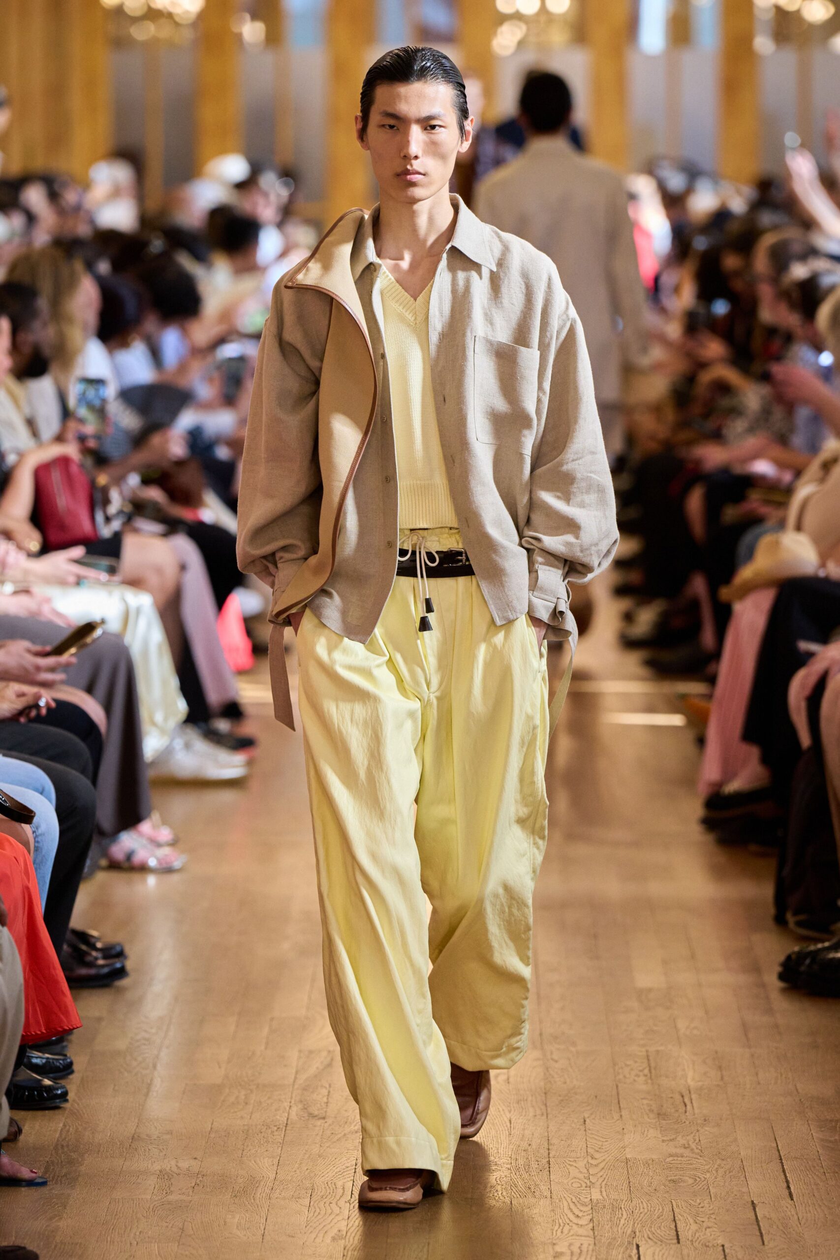 beige jacket yellow top relaxed pants