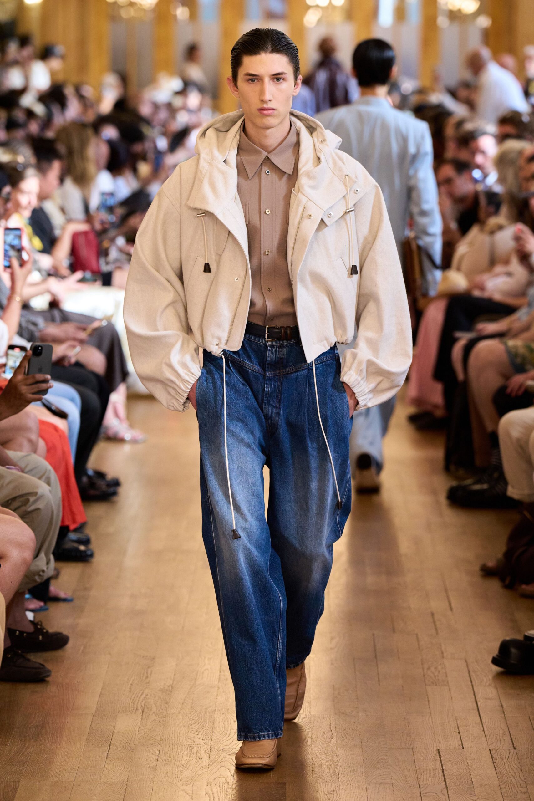 oversized white jacket beige shirt blue pants