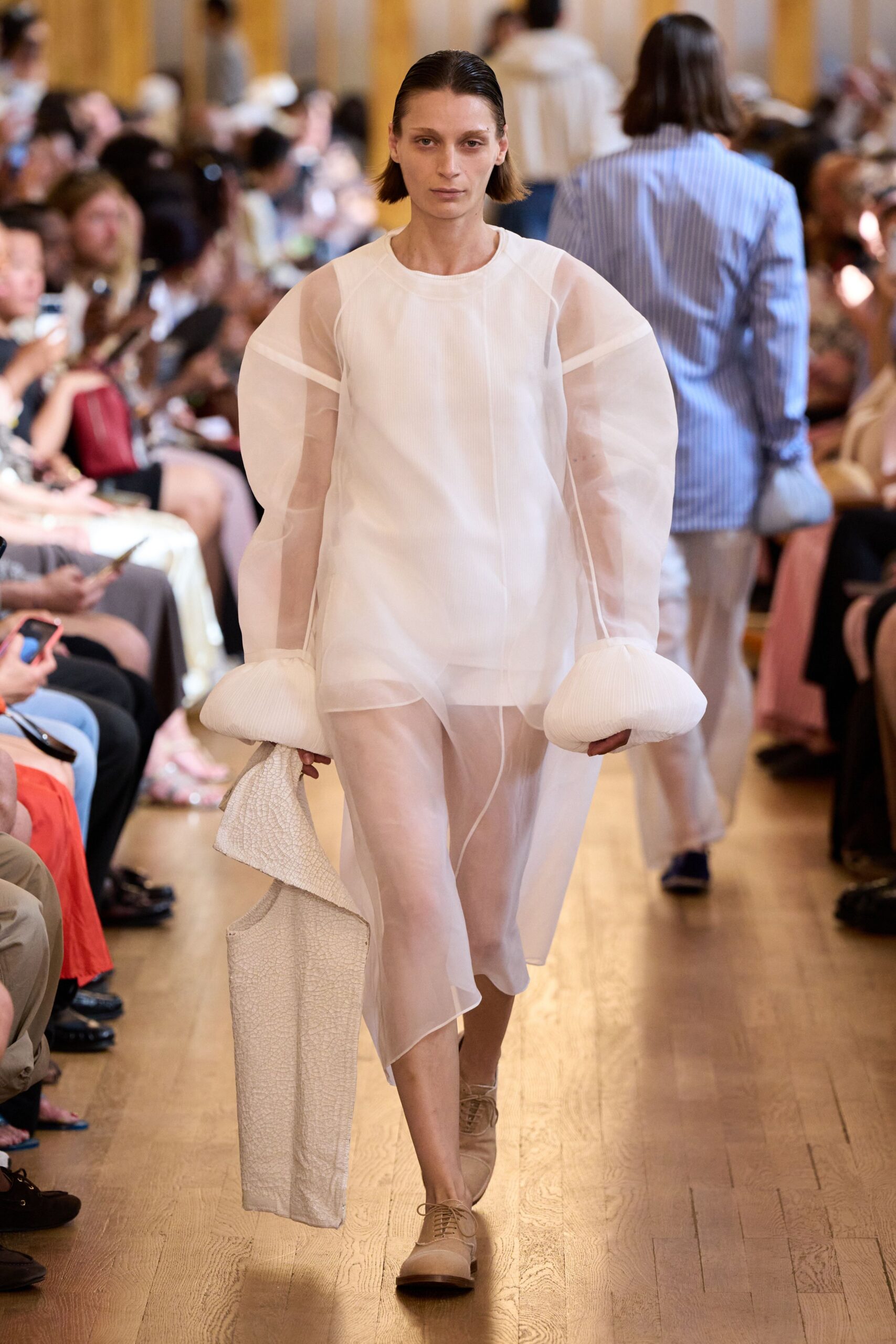 white sheer midi dress with beige shoes