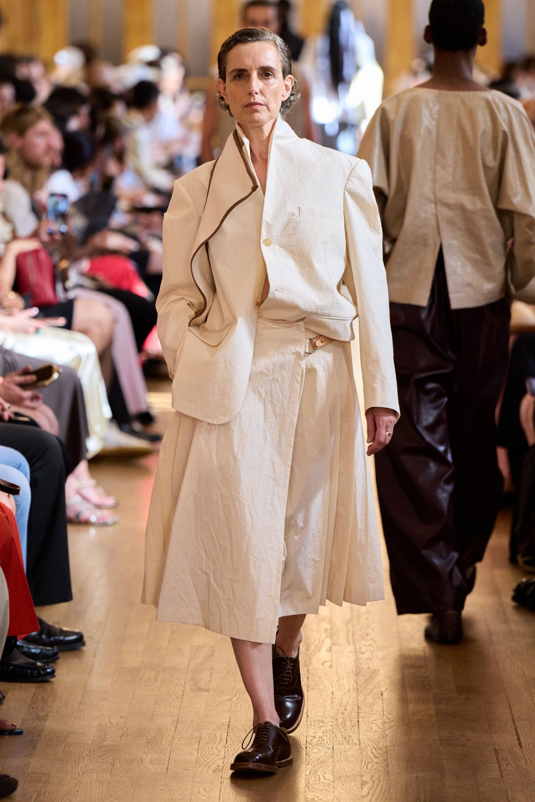 beige relaxed jacket and skirt