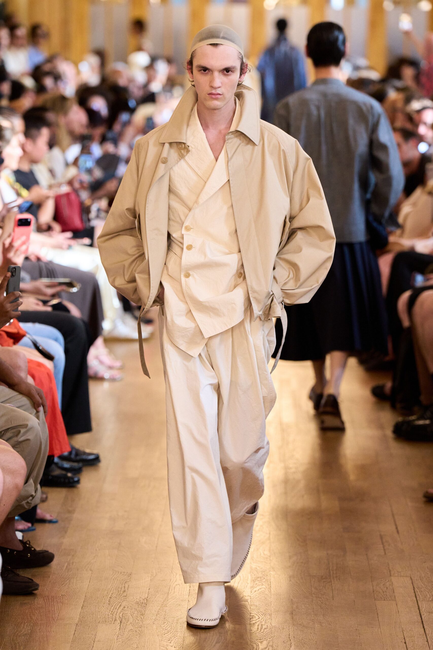 beige oversized jacket and relaxed pants