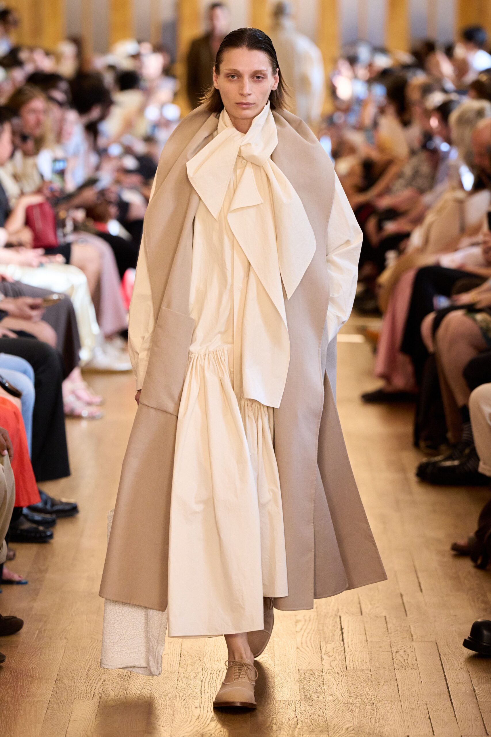beige relaxed midi dress with oversized coat