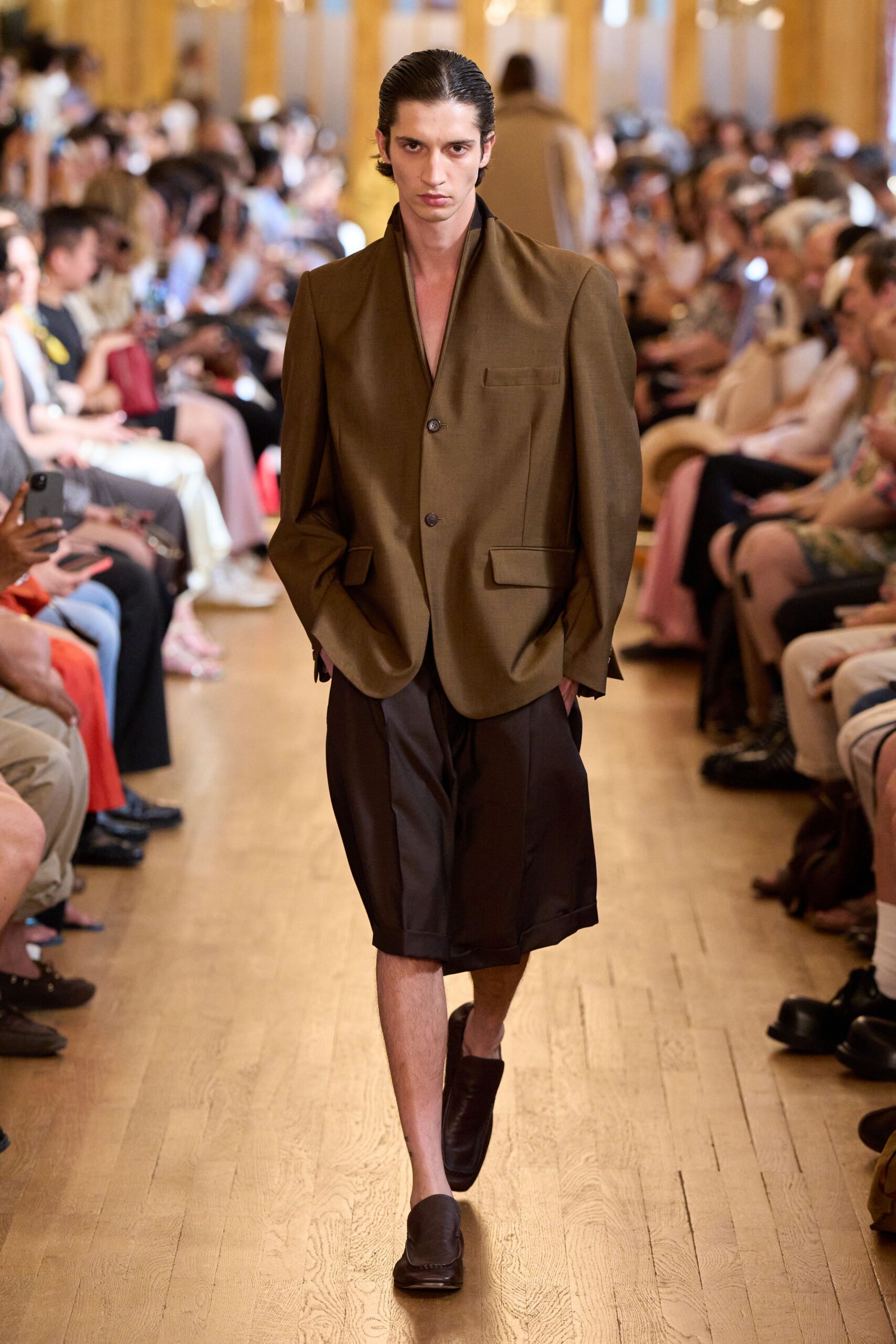 brown wool blazer with black shorts