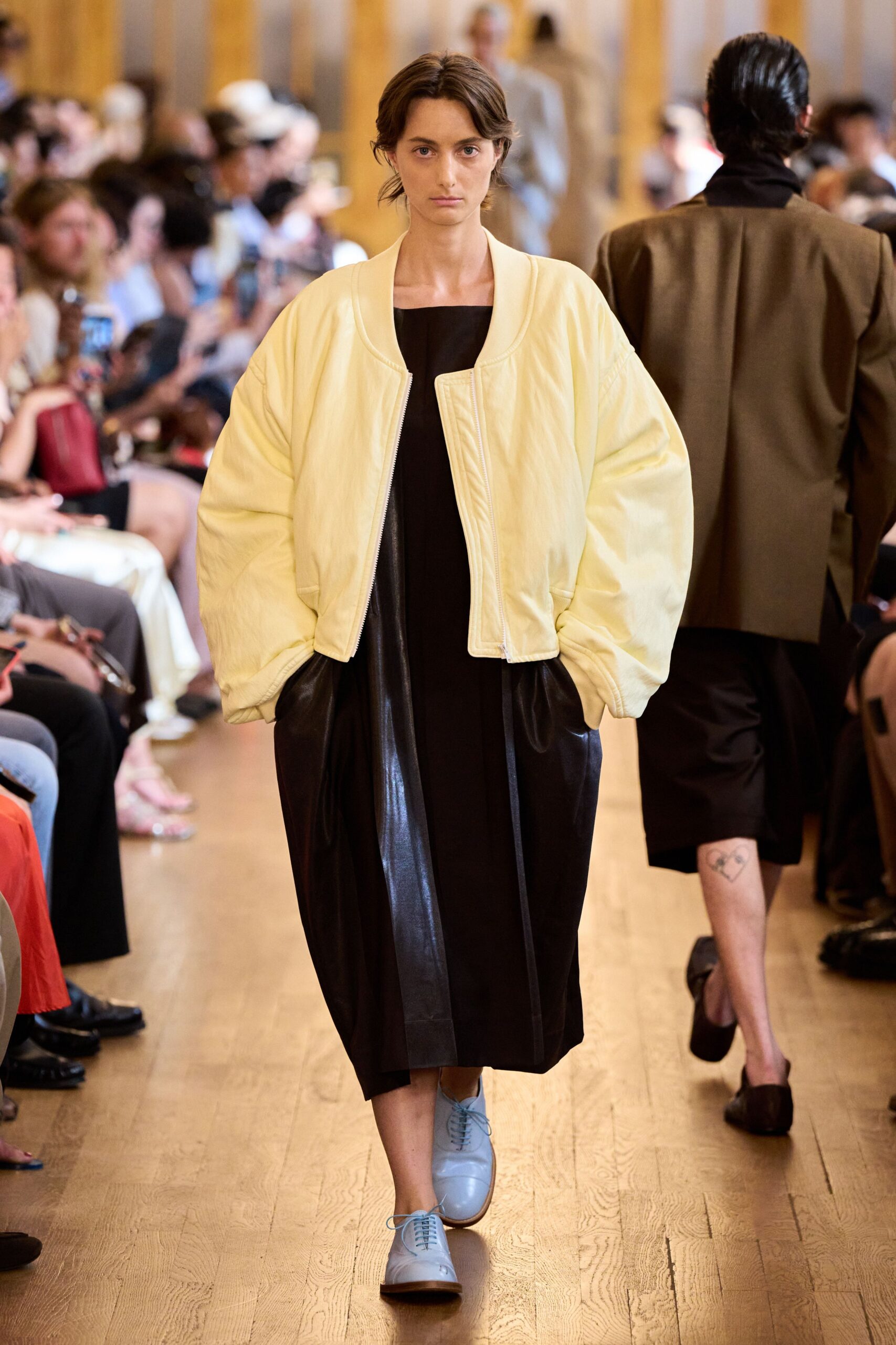 yellow oversized jacket black leather dress