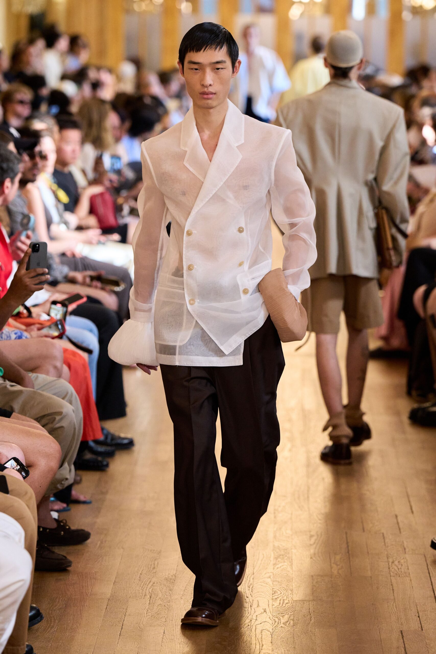 white sheer jacket brown tailored pants
