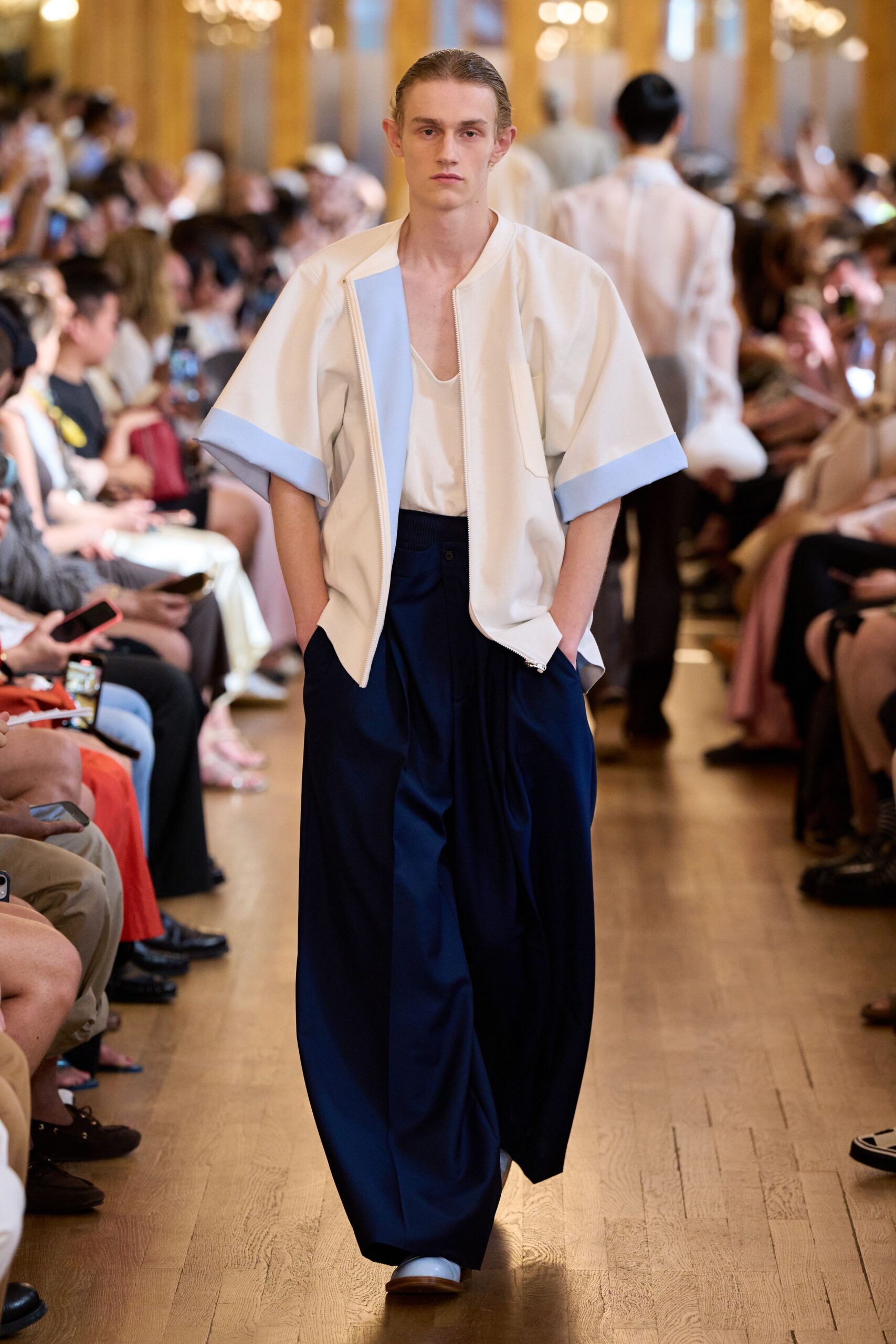 white cotton relaxed jacket with blue accents
