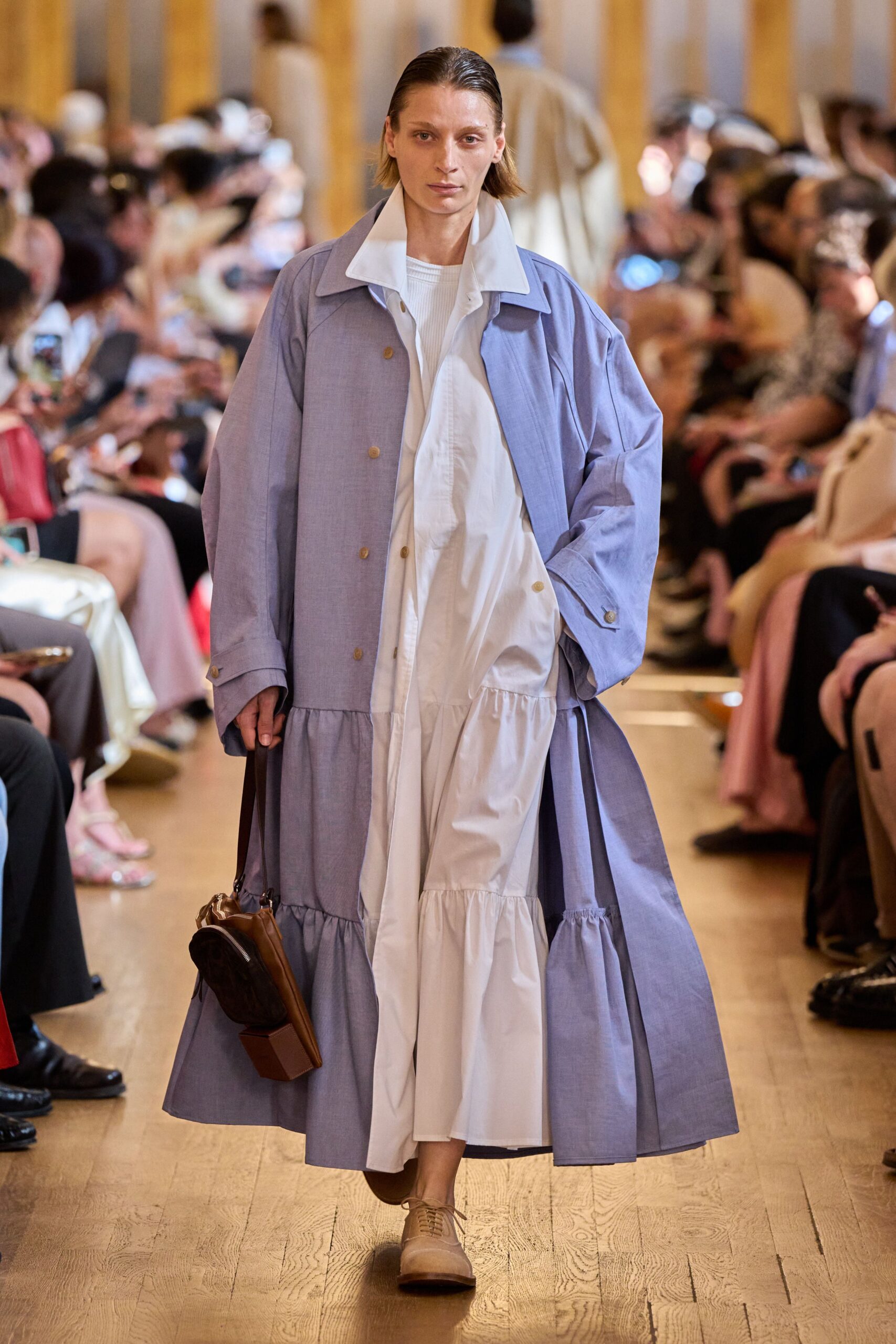 blue oversized coat white midi dress