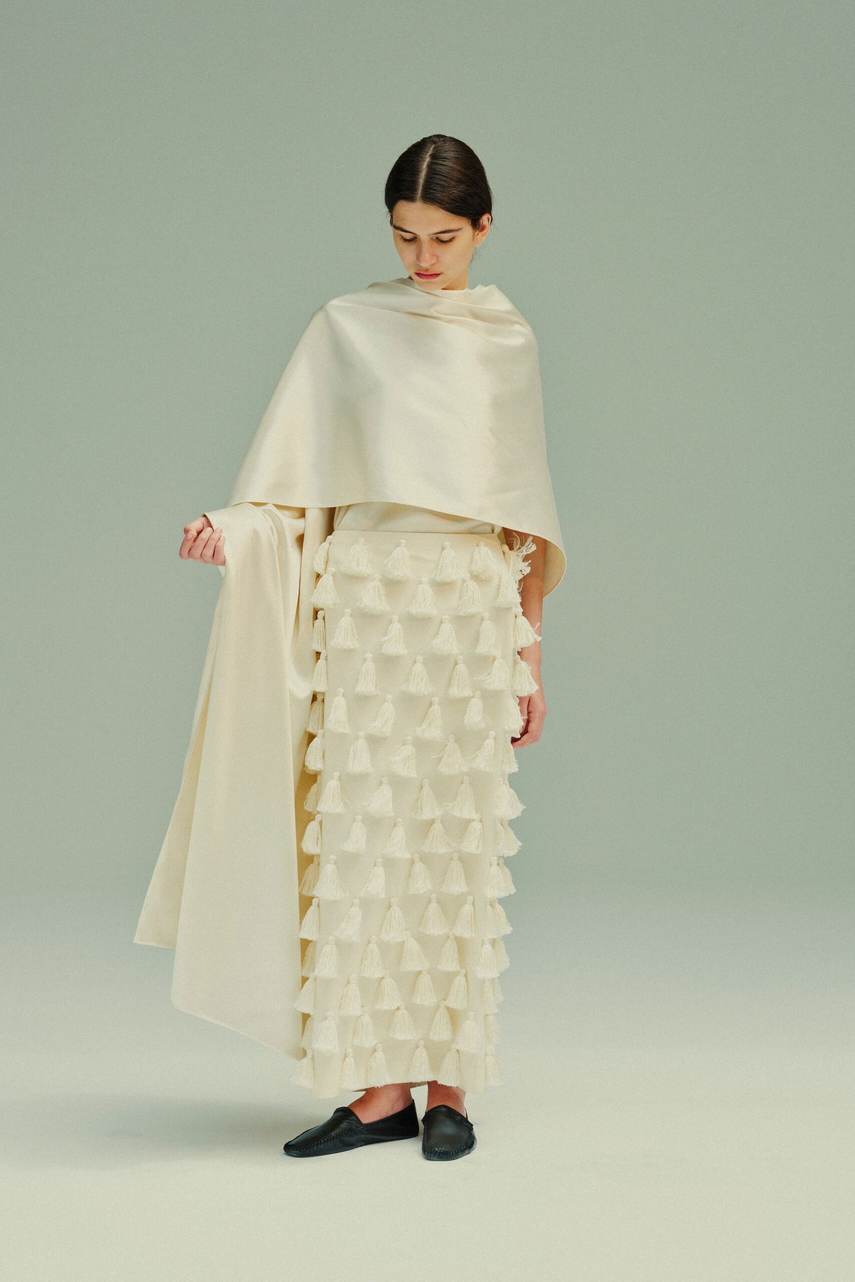 ivory silk fitted tiered midi skirt