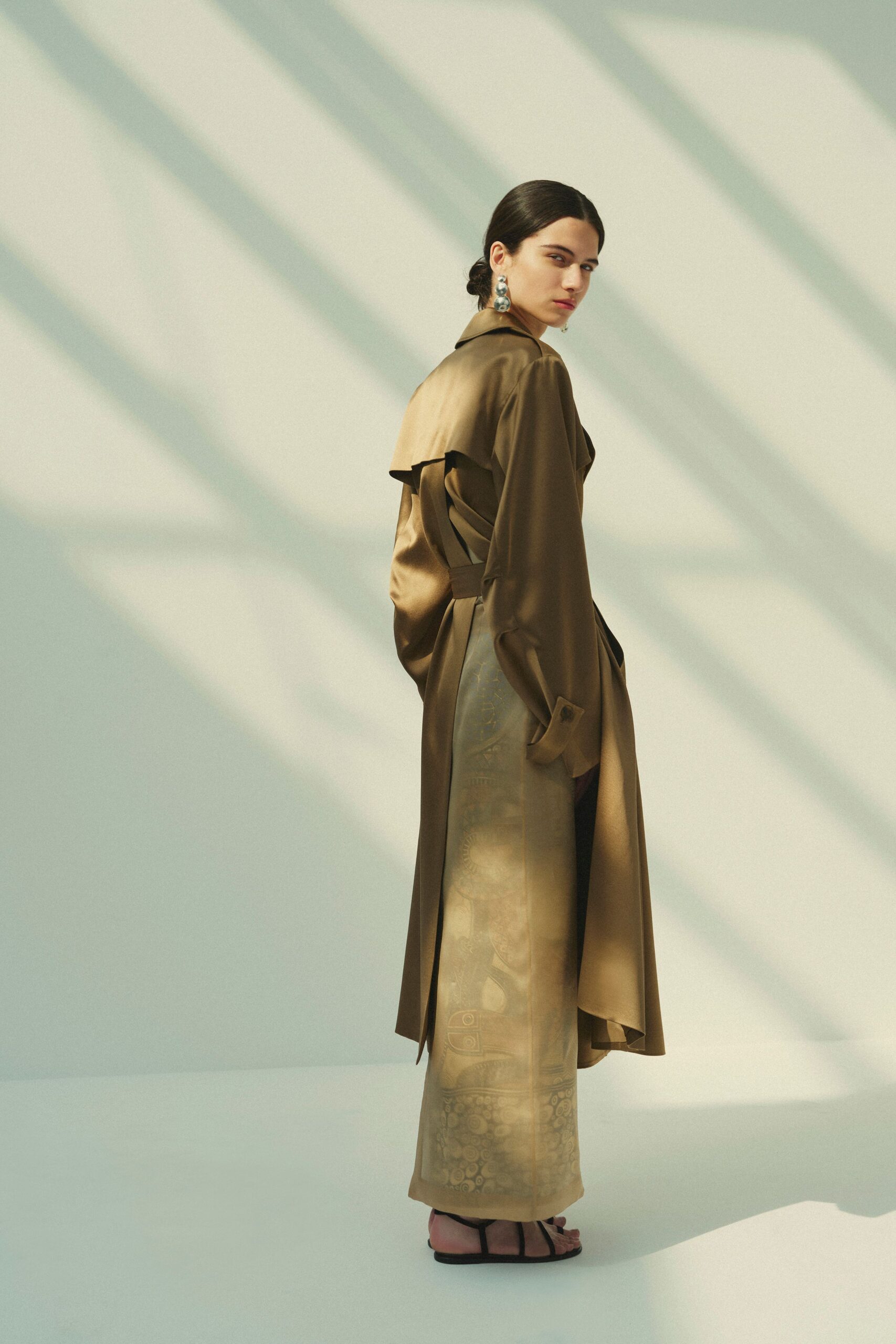 brown silk long-sleeve collared fitted layered shiny dress