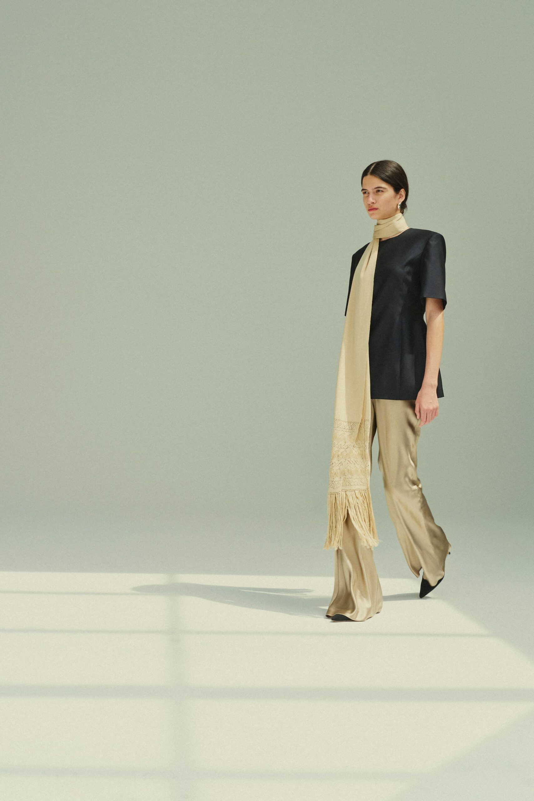 gold silk fitted flared pants