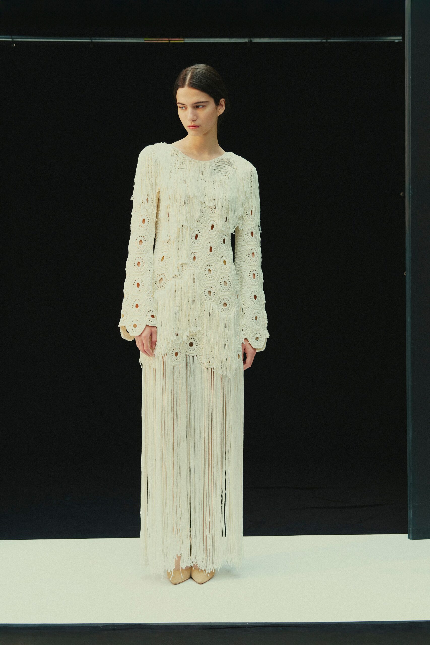 white cotton long-sleeve high-neck fitted fringed embroidered gown
