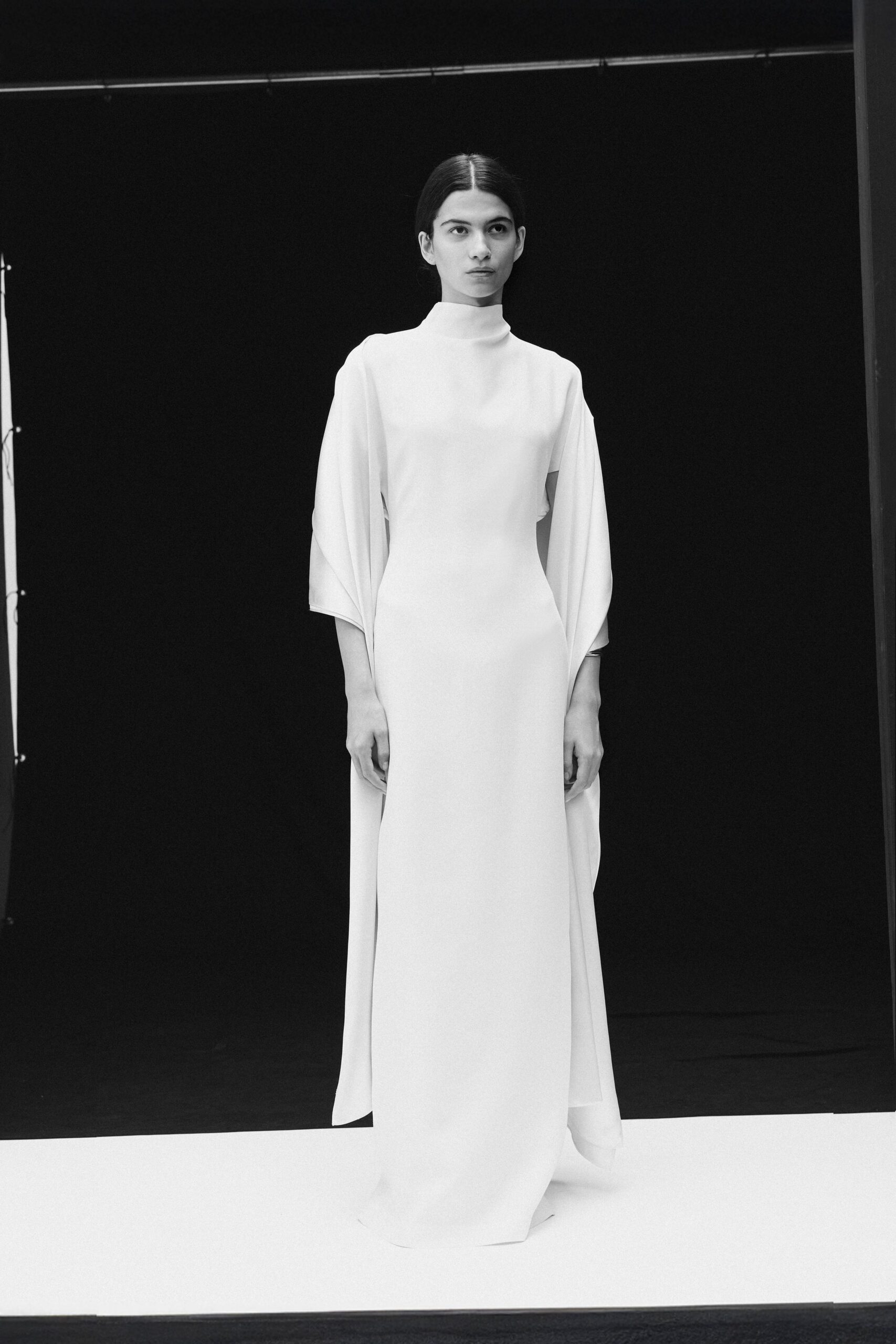 white silk fitted gown