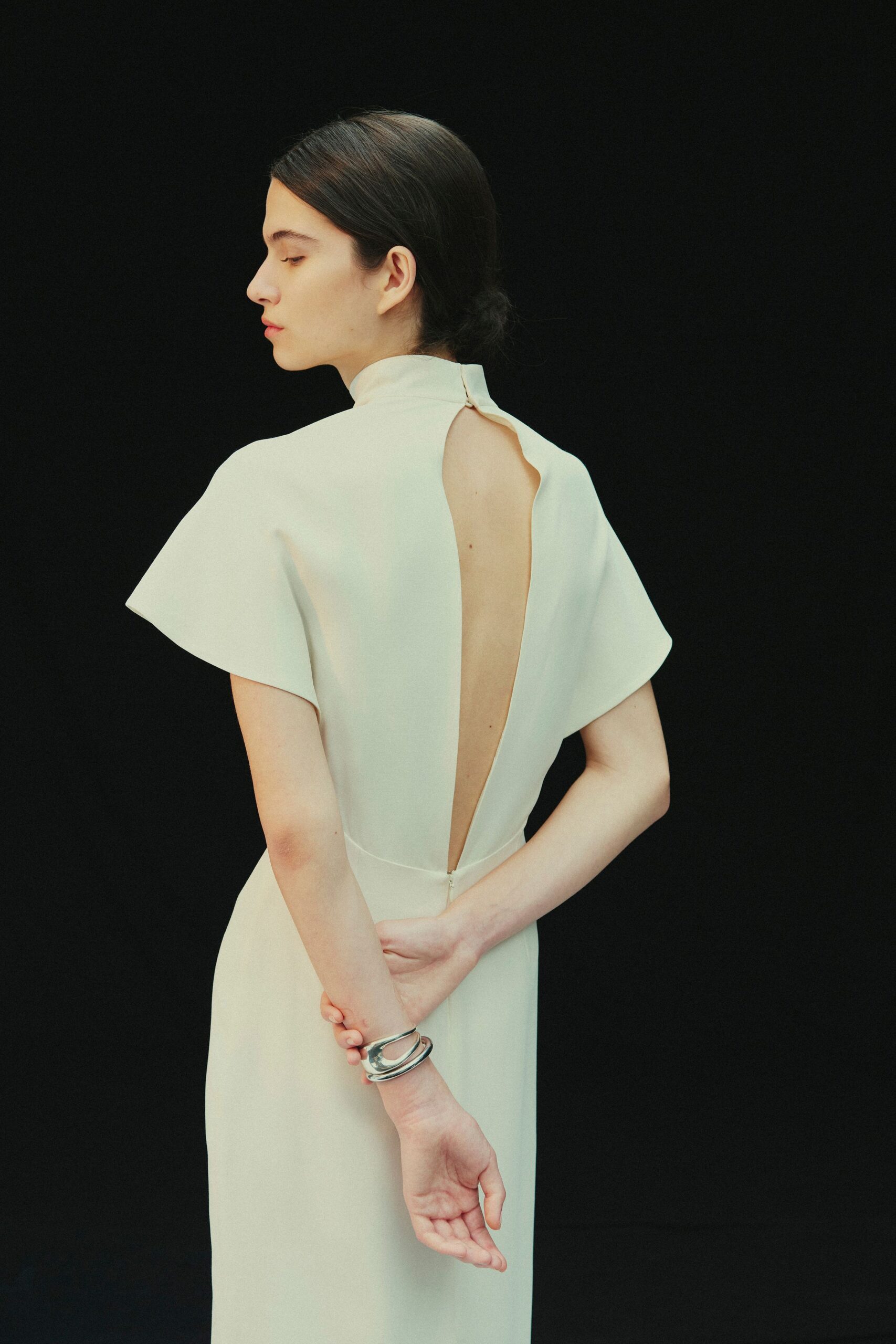 white silk fitted dress