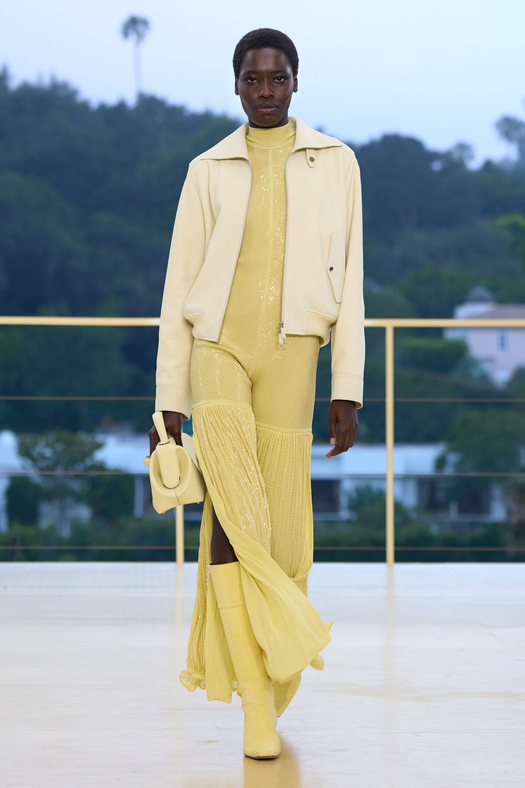 yellow knit long-sleeve turtleneck fitted pleated flowing dress