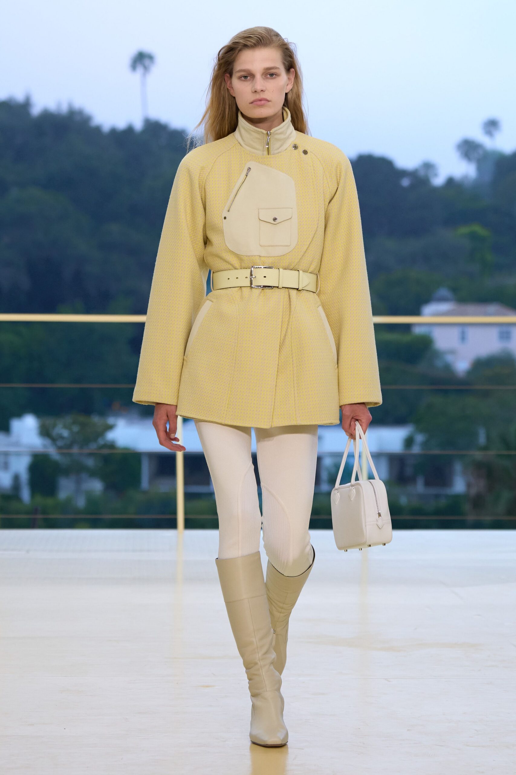 yellow cotton long-sleeve collared fitted zippered belted jacket