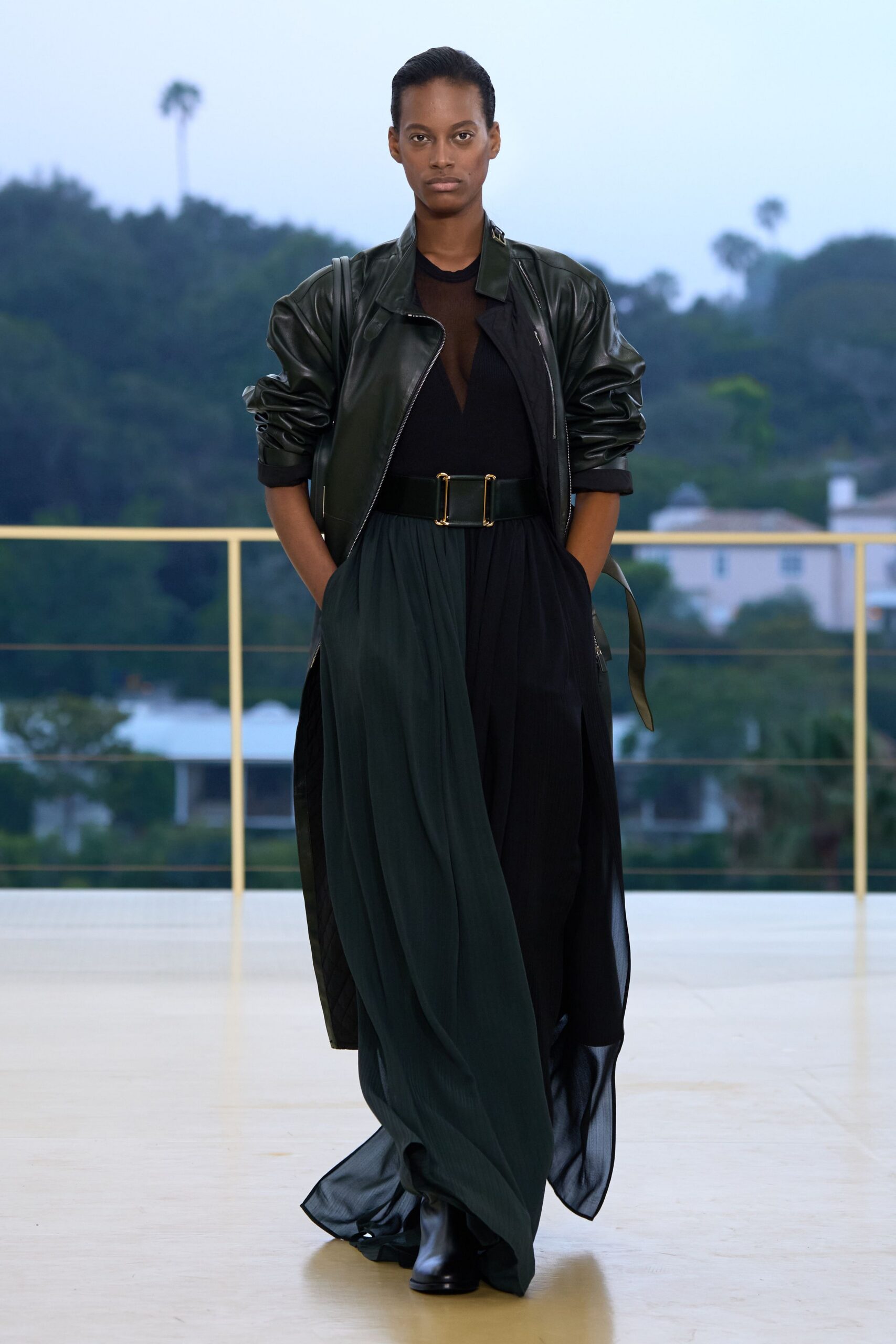 black chiffon relaxed high-waisted pleated flowing maxi skirt