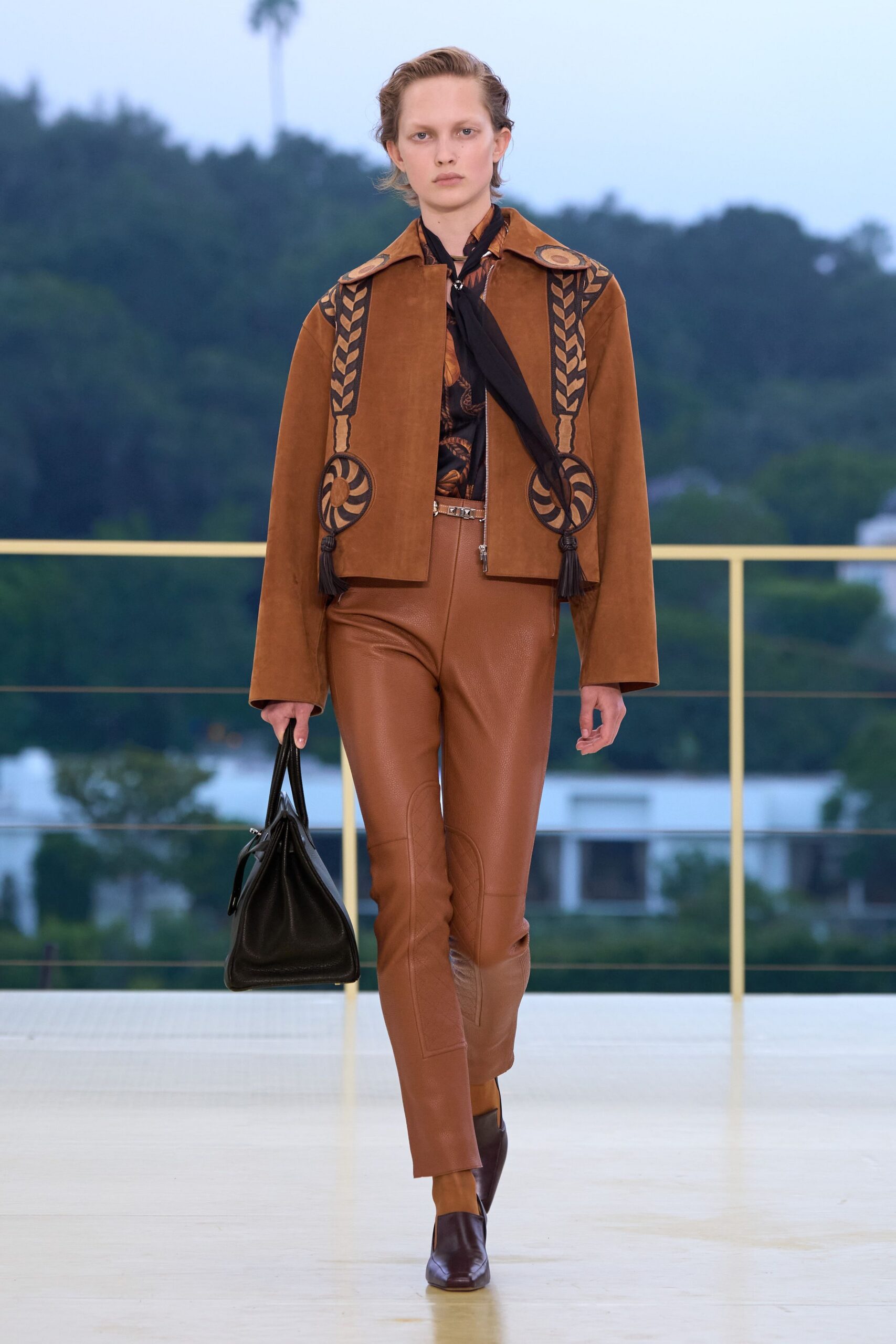 brown leather fitted straight-leg pants