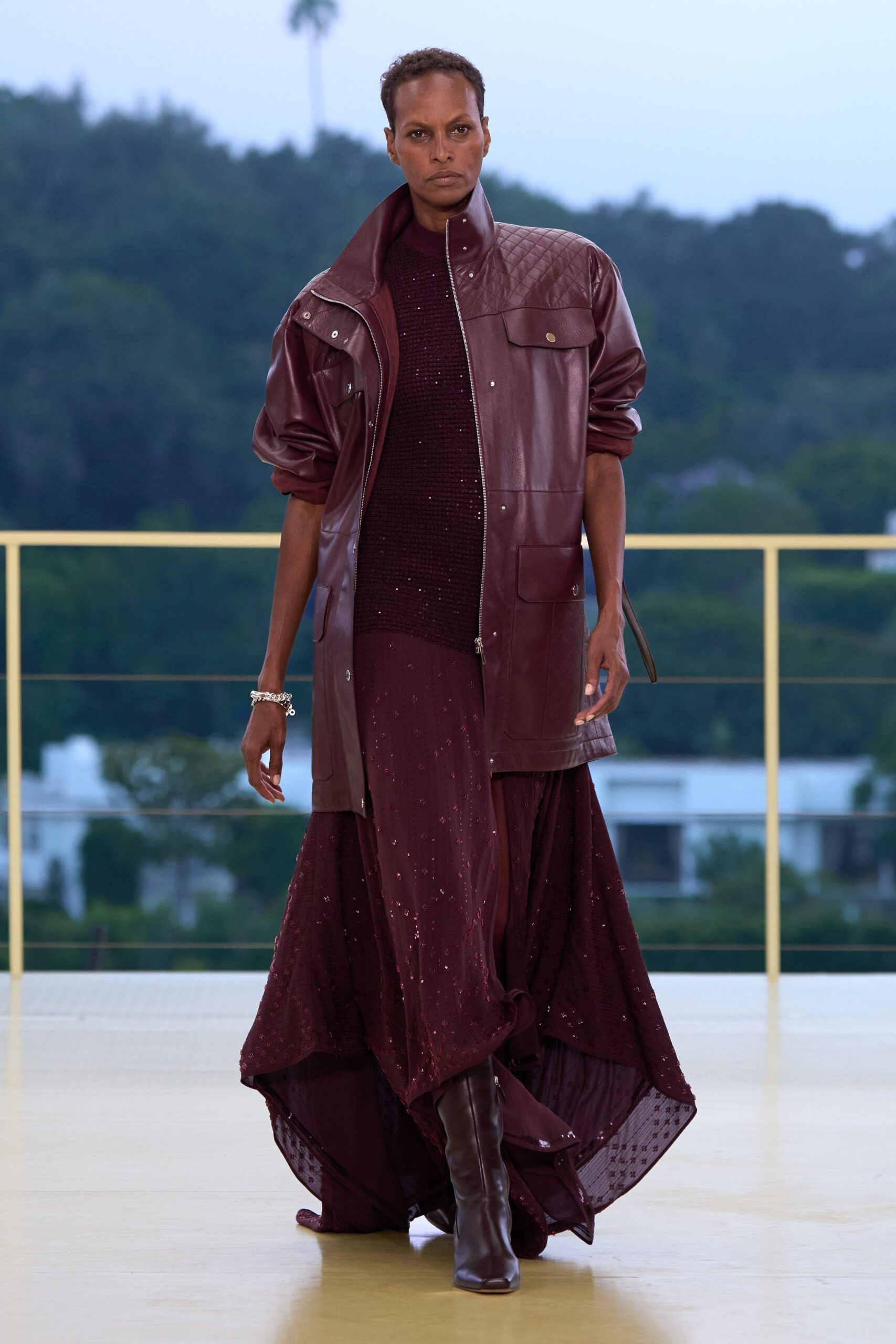 maroon leather long-sleeve collared relaxed zippered coat
