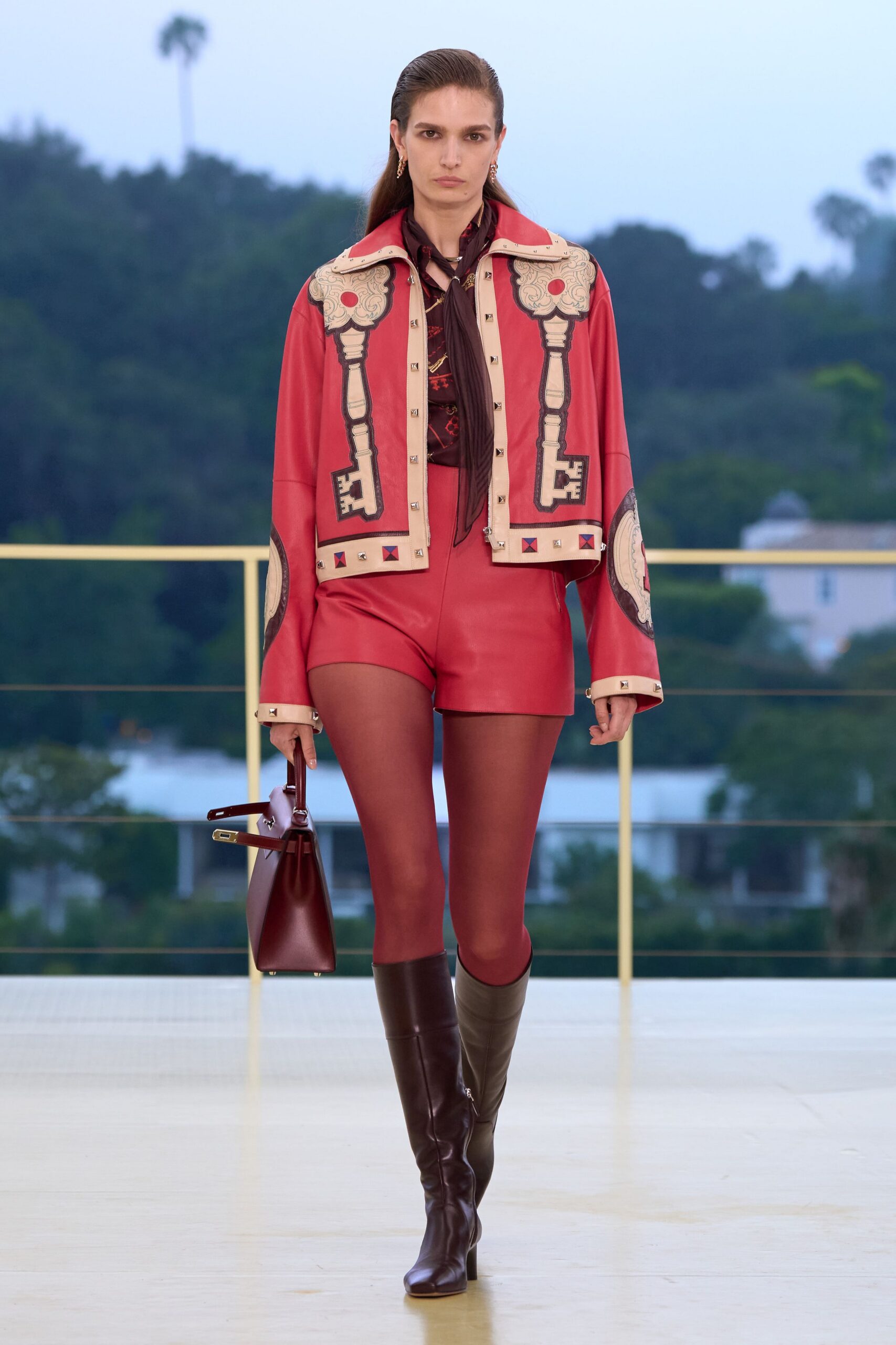 red cotton long-sleeve collared fitted embroidered jacket