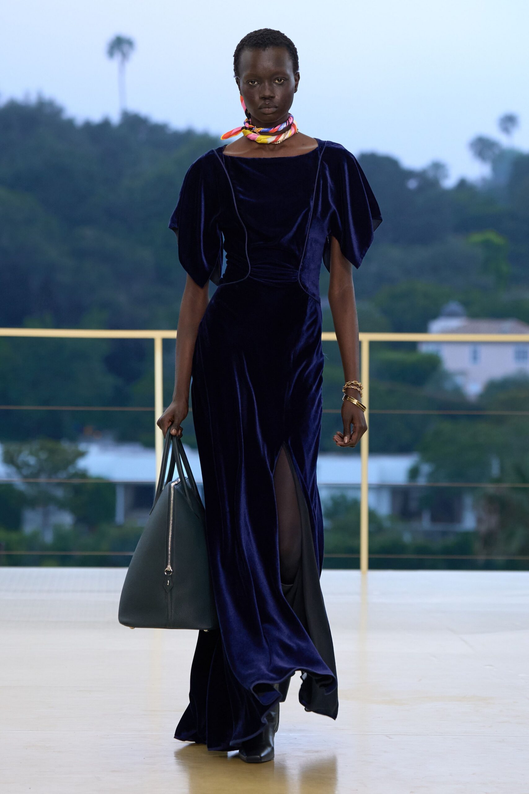 blue velvet short-sleeve v-neck fitted draped maxi gown