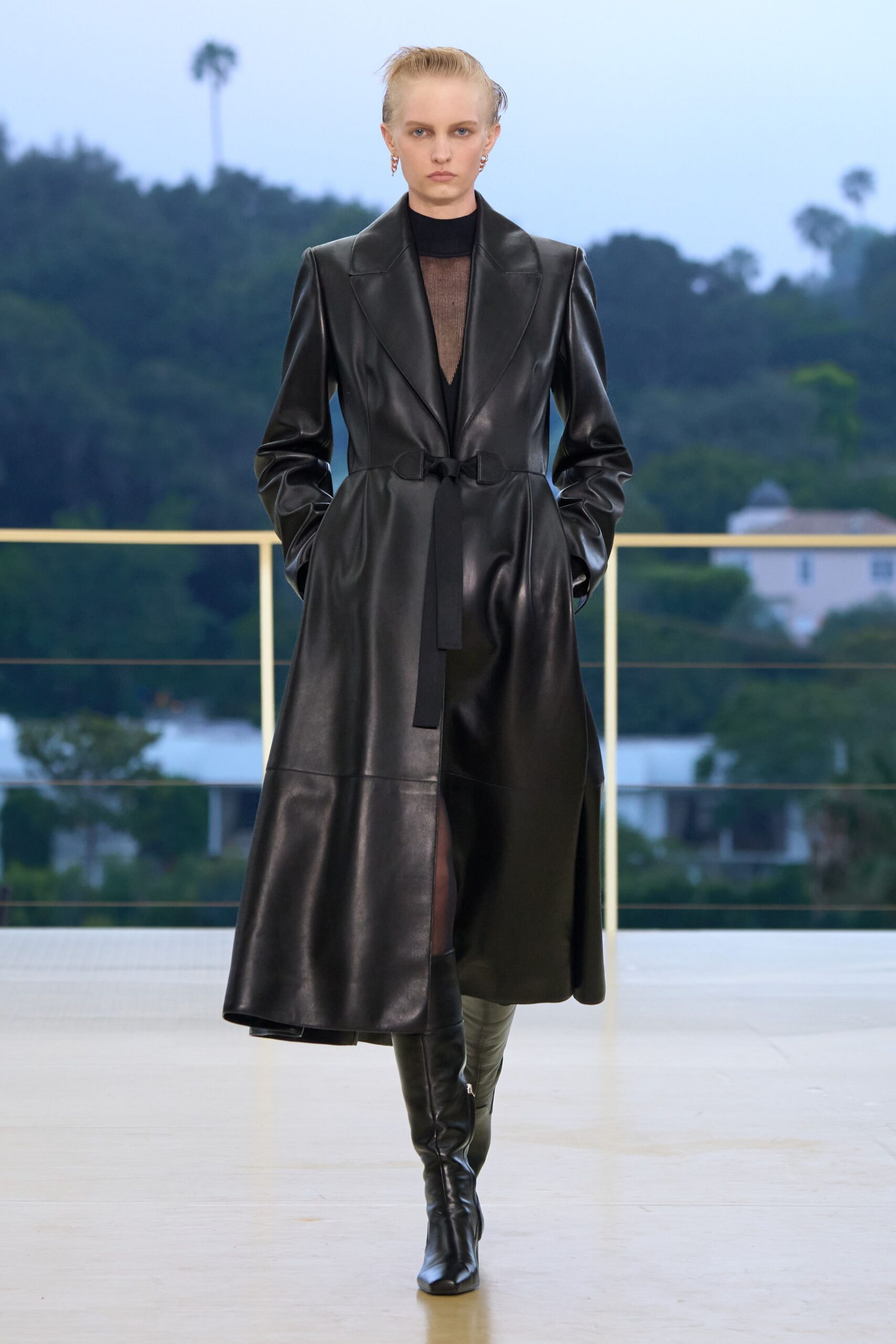 black leather long-sleeve collared fitted belted a-line coat