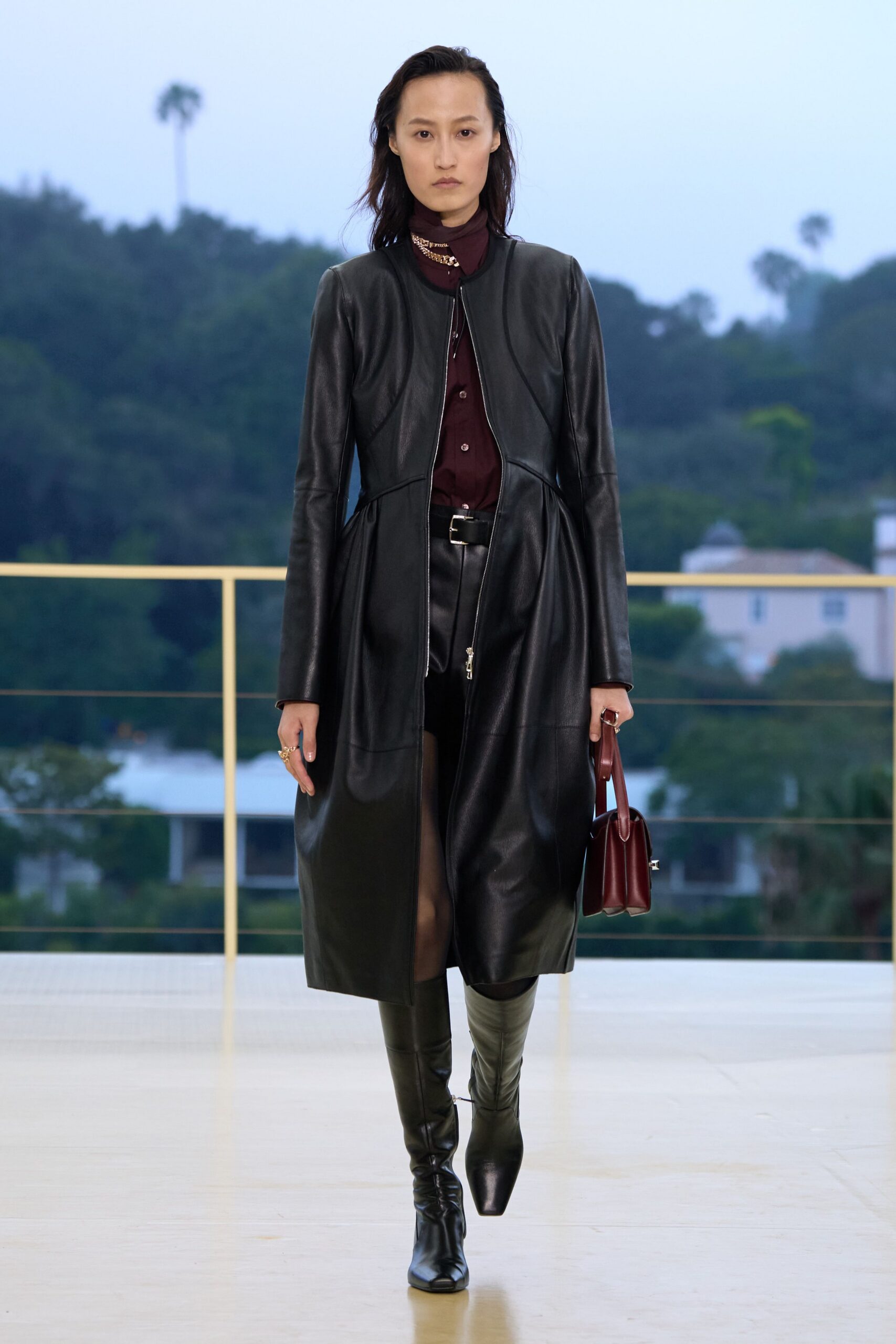 black leather long-sleeve collared fitted zippered maxi coat