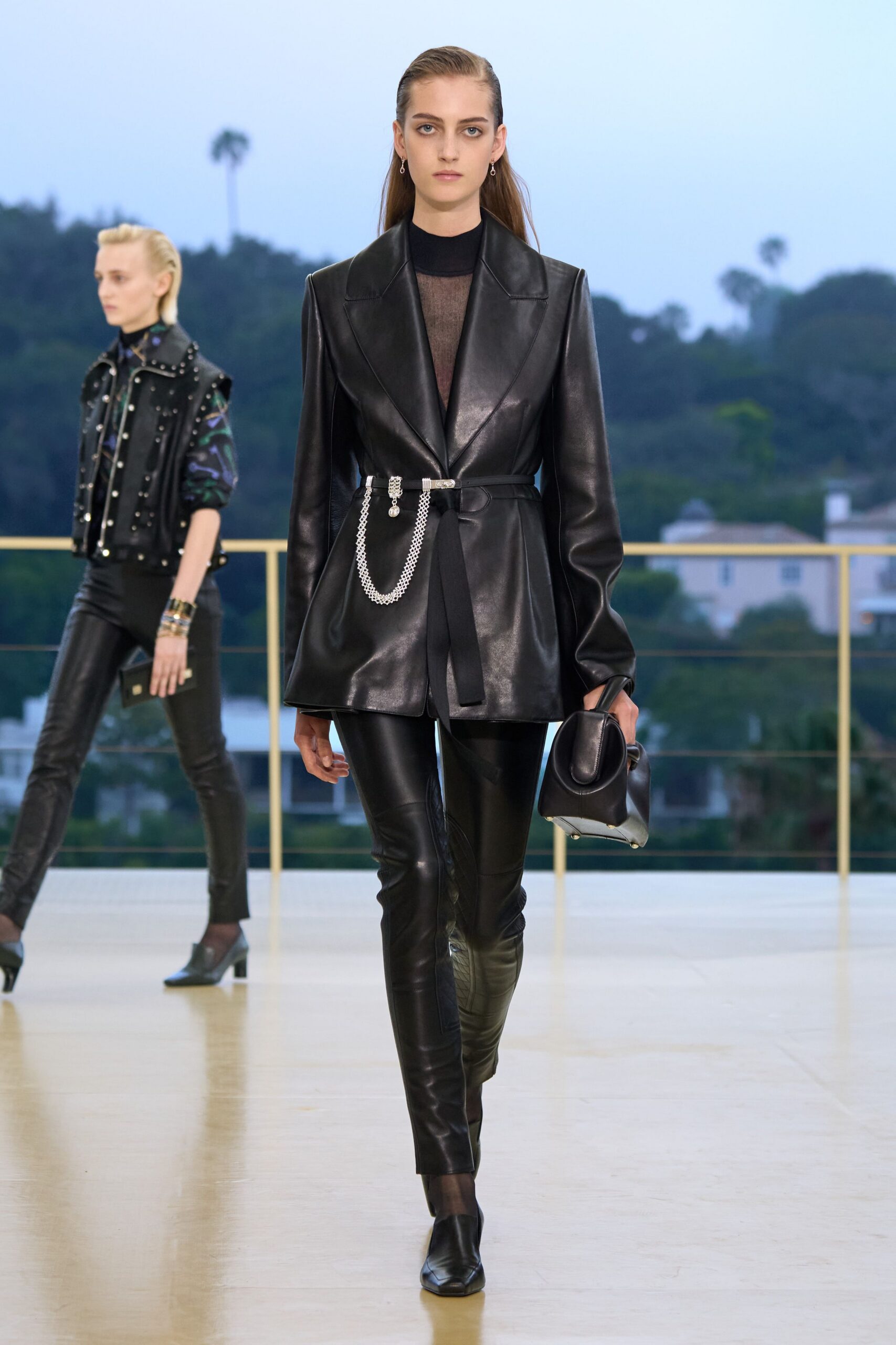 black leather long-sleeve collared fitted belted blazer