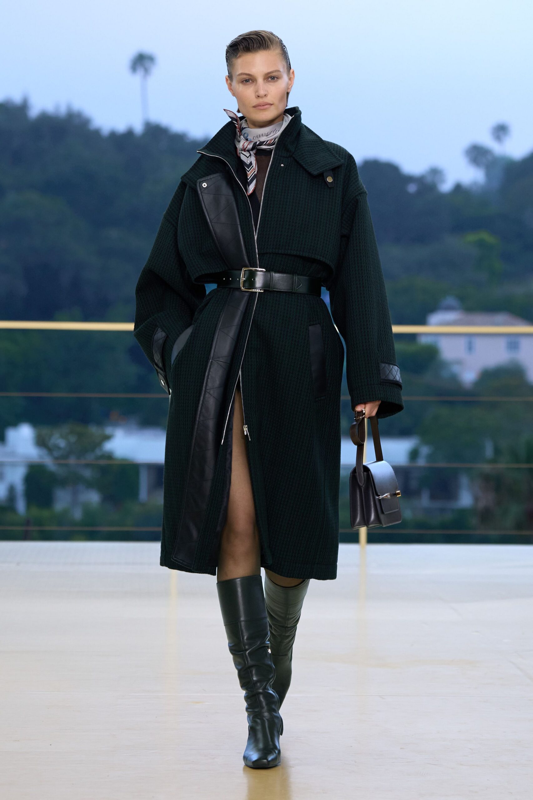 black cotton long-sleeve collared relaxed zippered belted coat