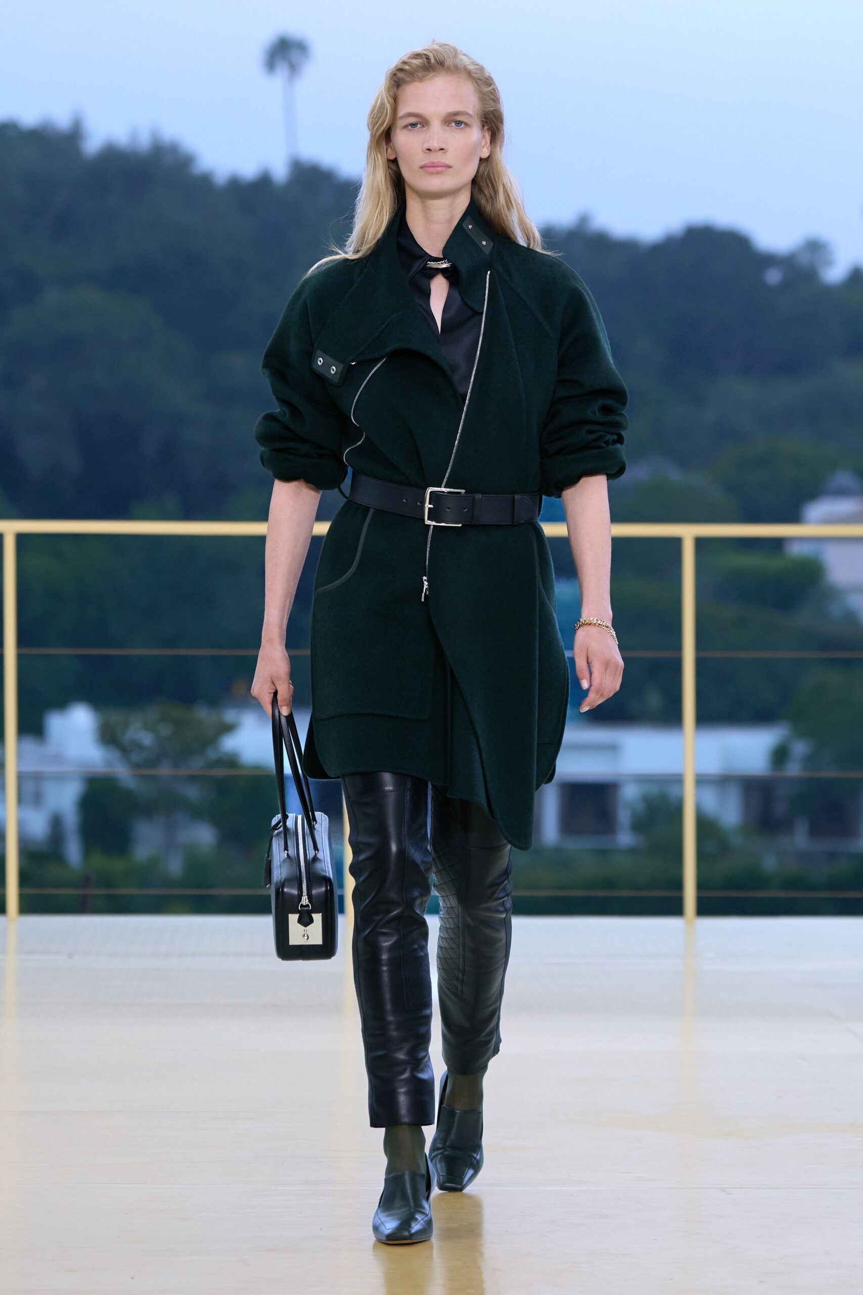 green wool long-sleeve collared relaxed zippered belted coat