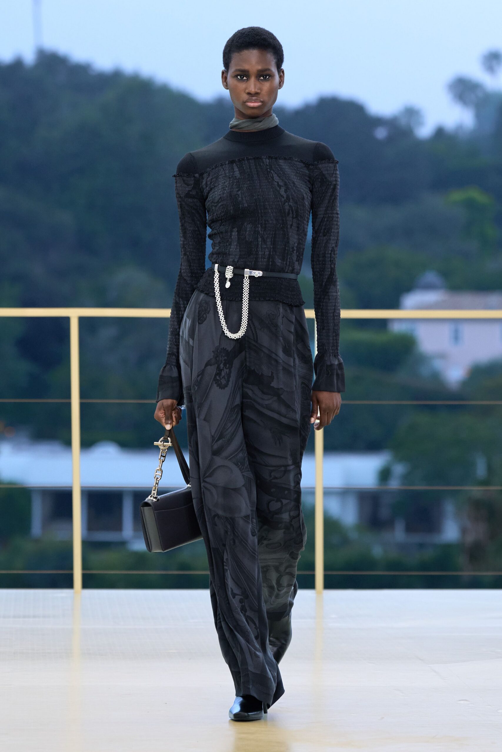 black silk long-sleeve high-neck fitted textured top