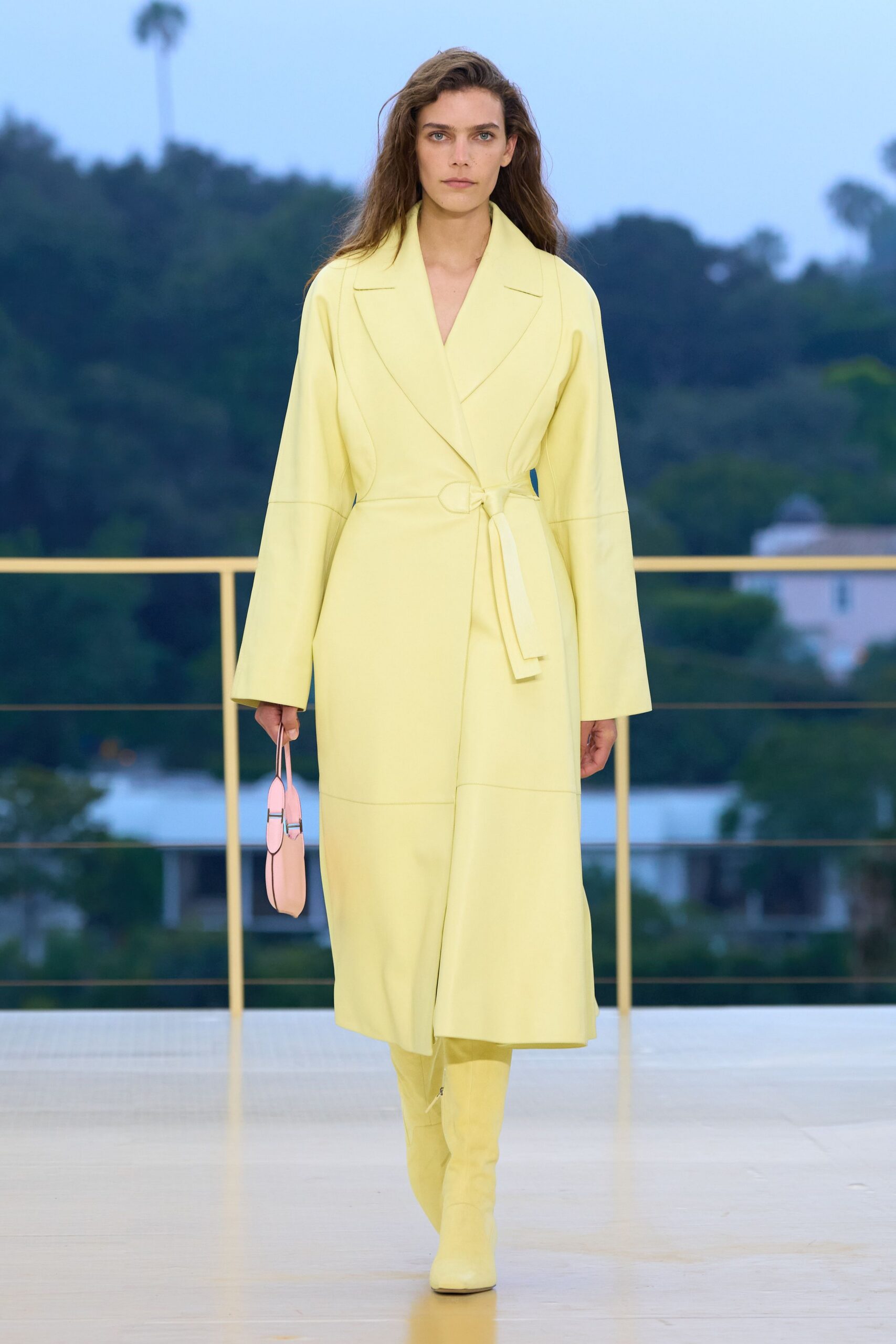 yellow cotton long-sleeve collared relaxed belted midi coat