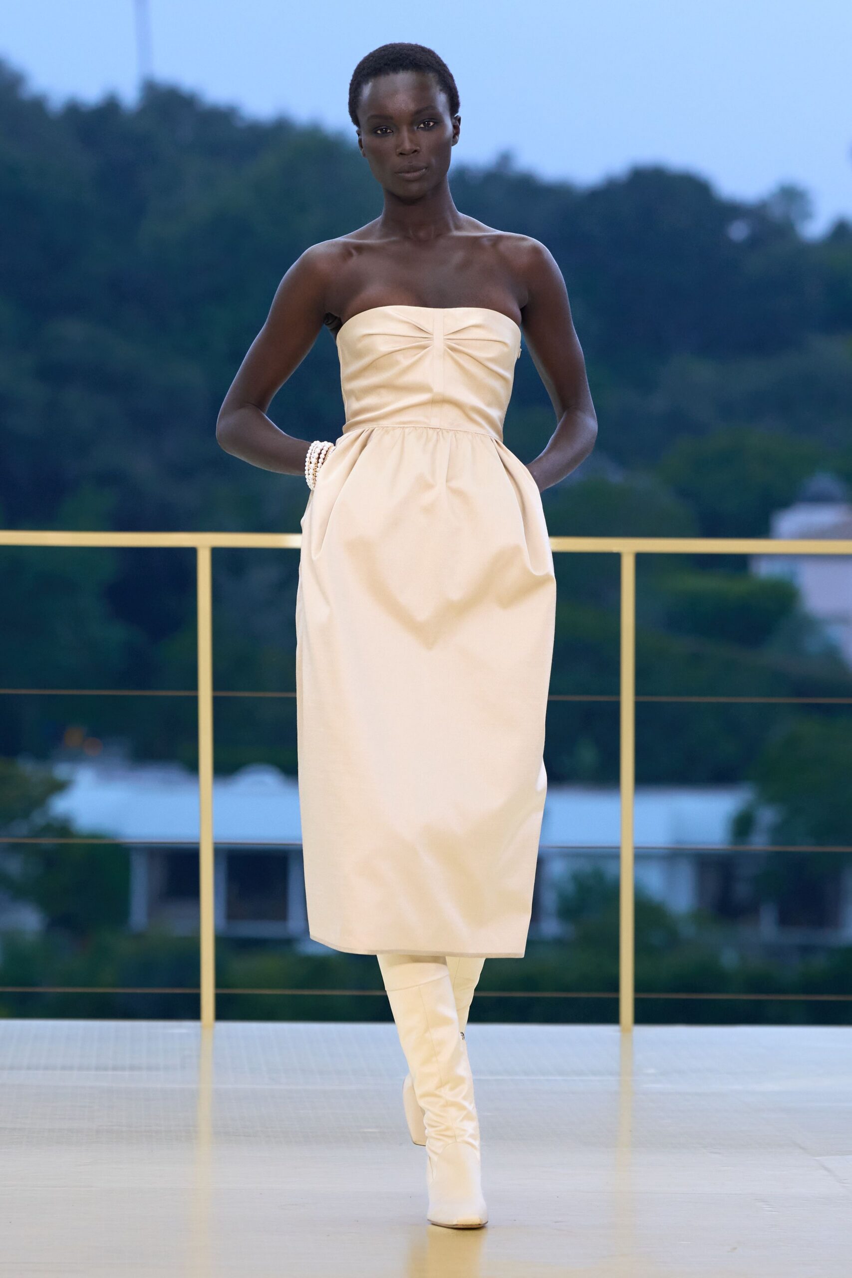 ivory cotton strapless fitted pleated midi dress