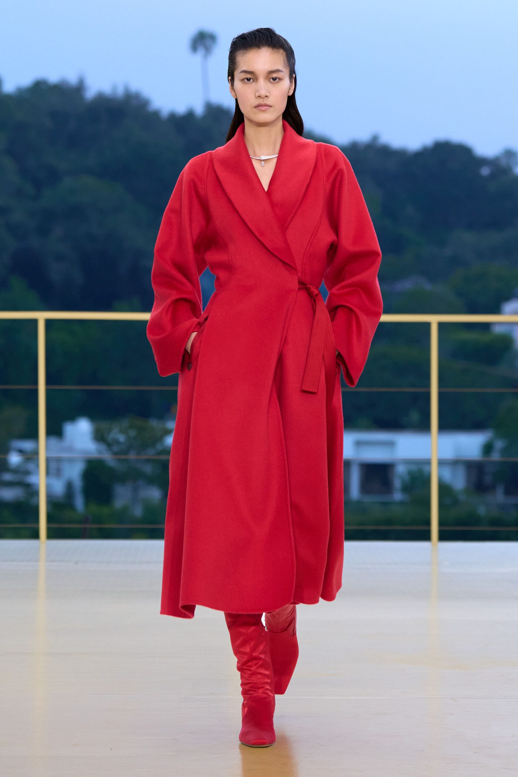 red wool long-sleeve collared relaxed belted maxi coat