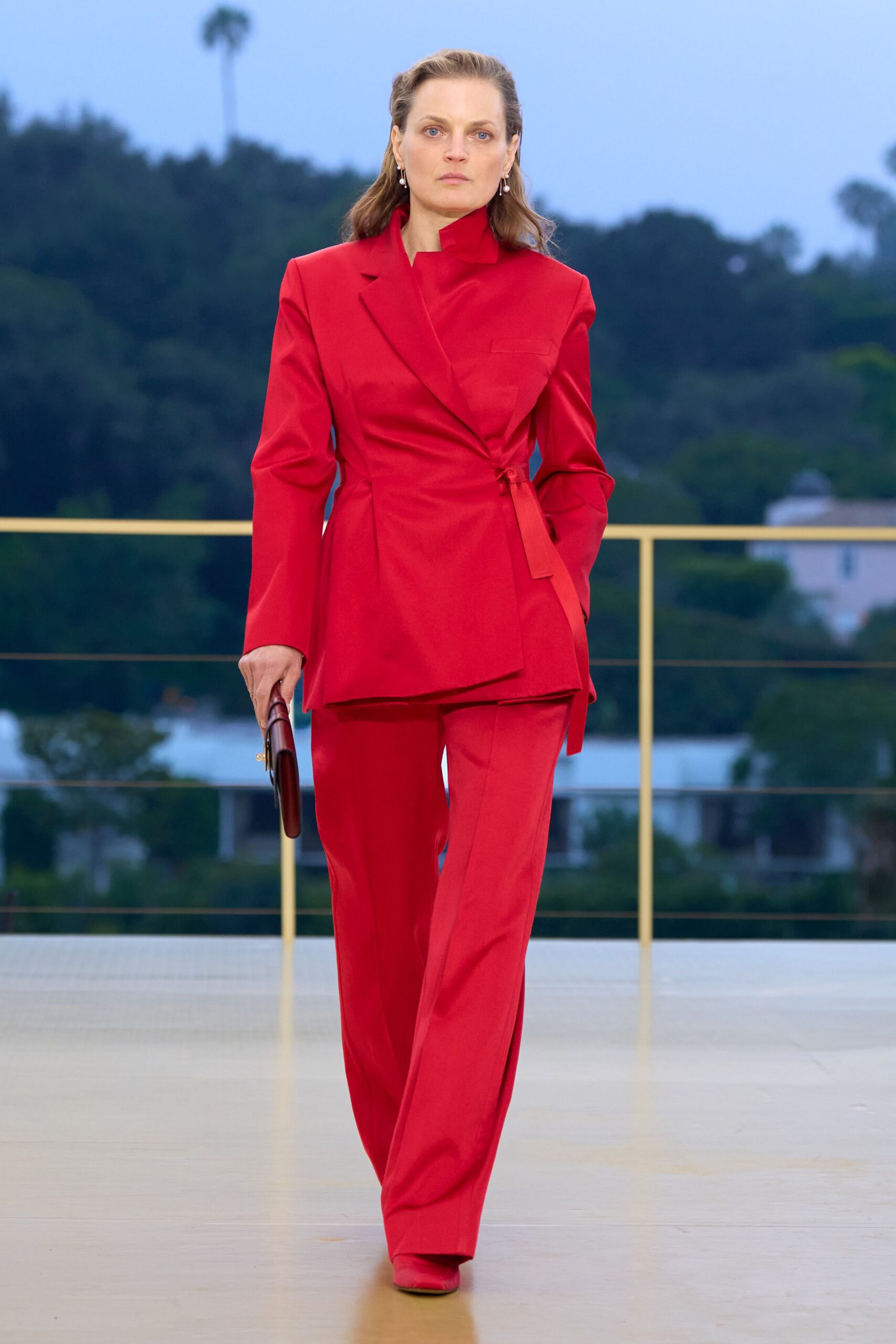 red cotton long-sleeve collared tailored zippered suit