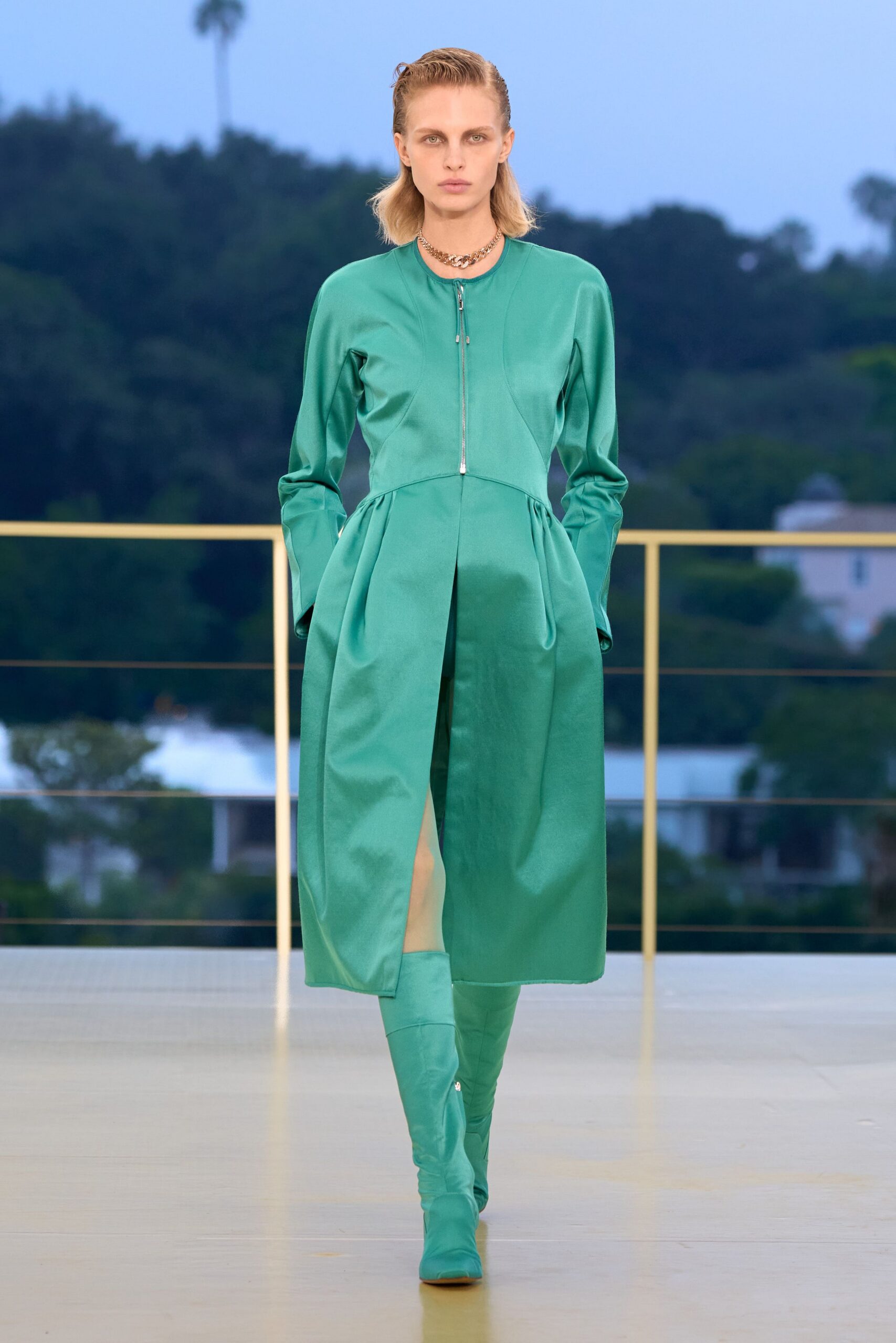 green silk long-sleeve collared fitted zippered pleated dress