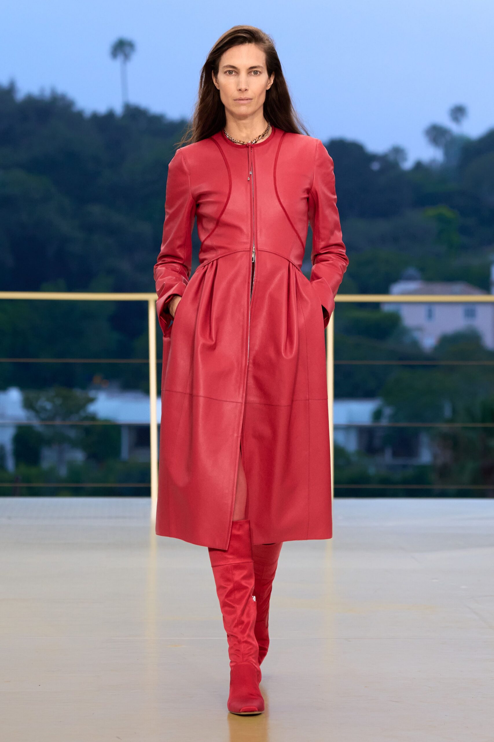red leather long-sleeve collared fitted zippered pockets dress