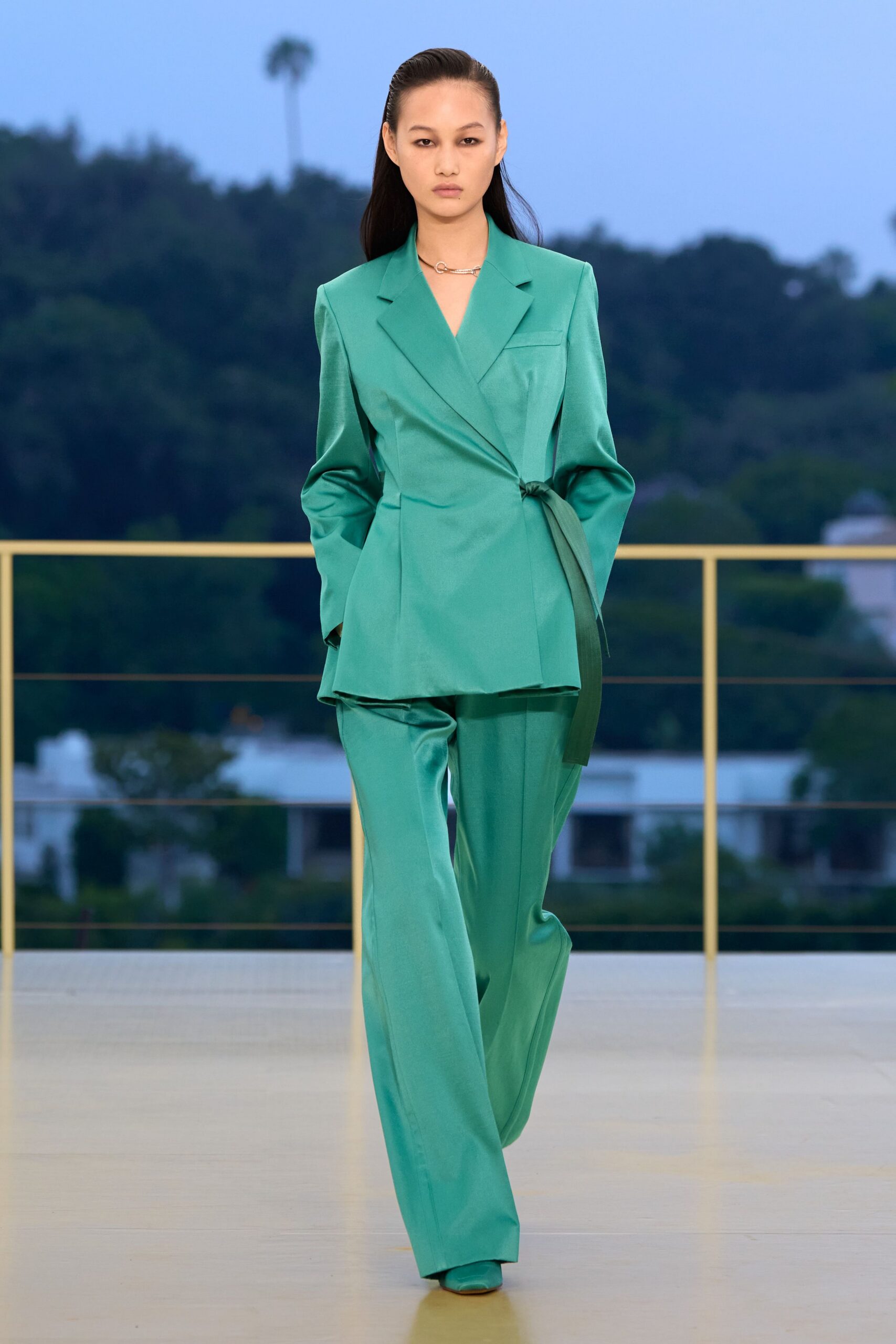 teal silk tailored suit