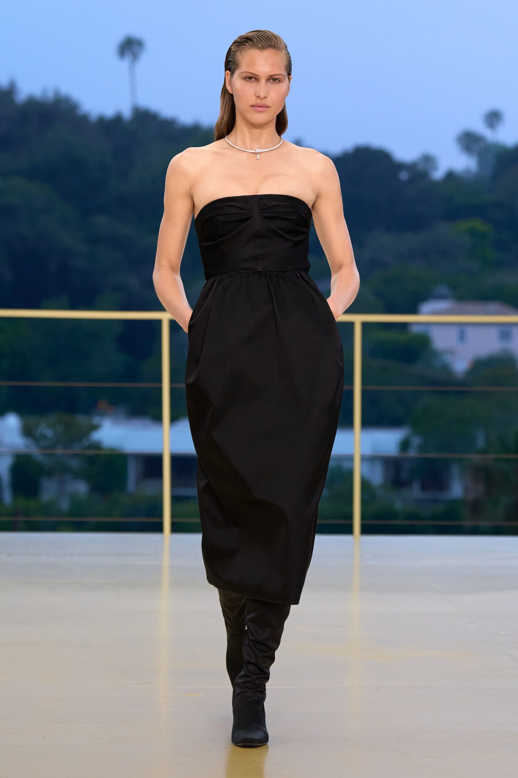 black cotton strapless fitted pockets midi dress