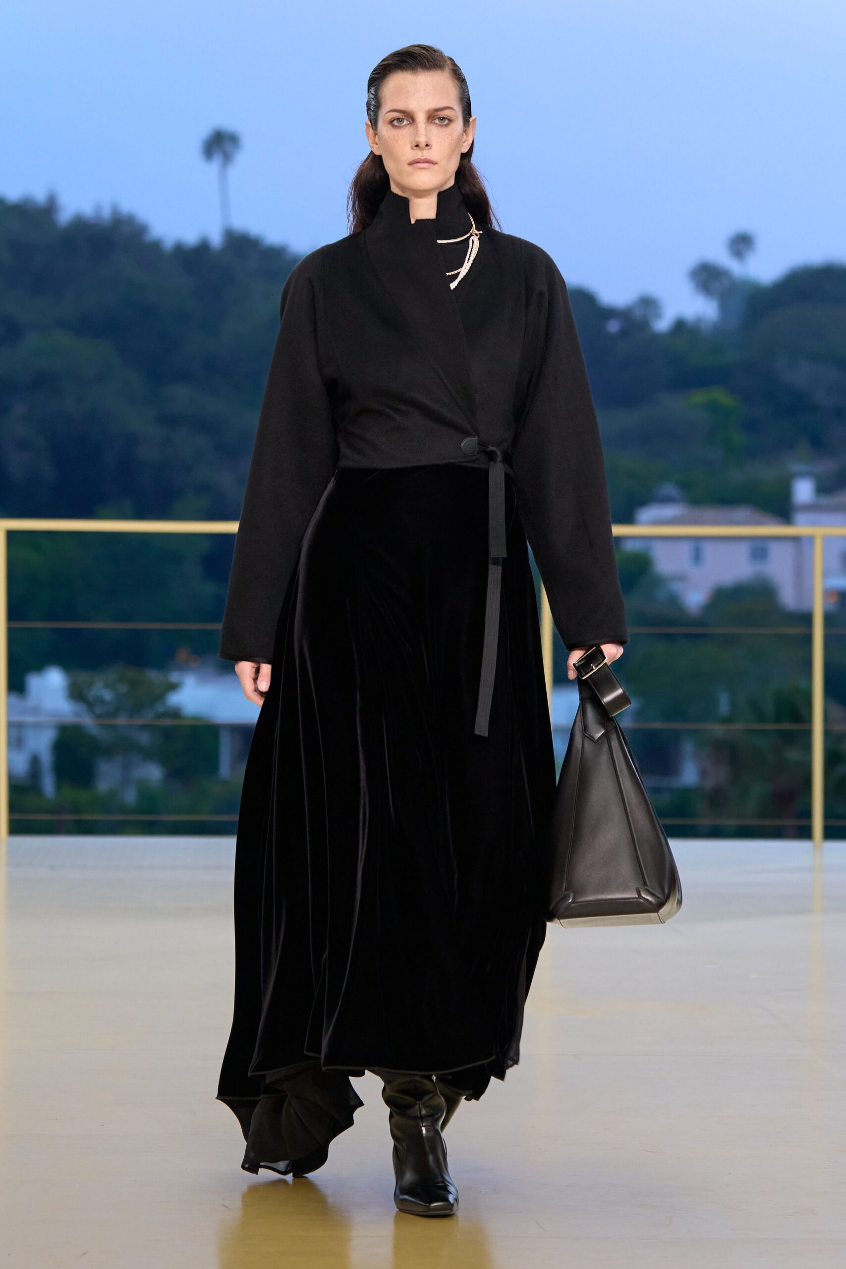 black velvet long-sleeve collared fitted pleated midi dress